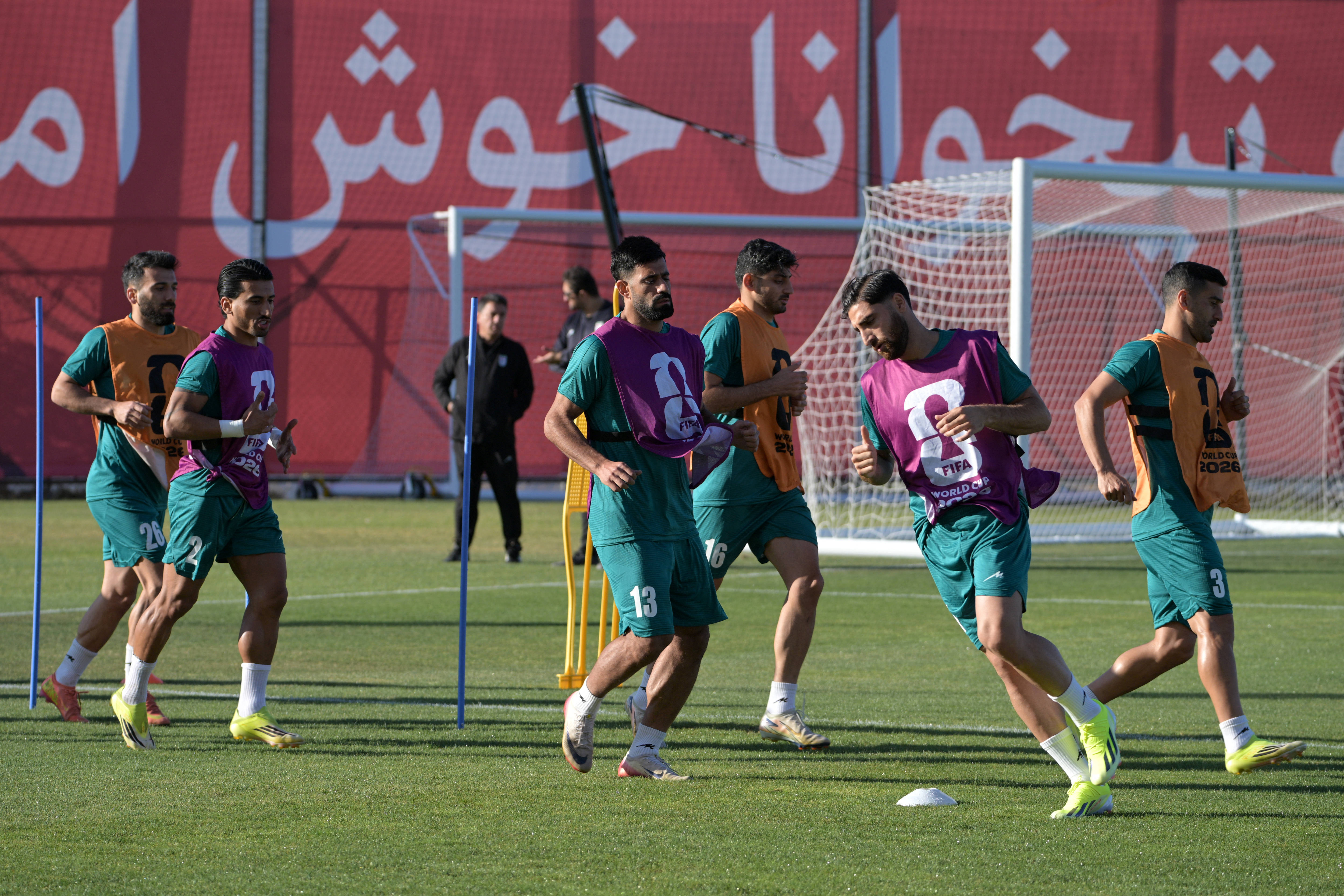 Iran's defender #13 Hossein Kanani and teammates take part in a training session during the 2026 World Cup football tournament at the Centro Xoloitzcuintle in Tijuana, Mexico on June 16, 2026. (Photo by Guillermo Arias / AFP)