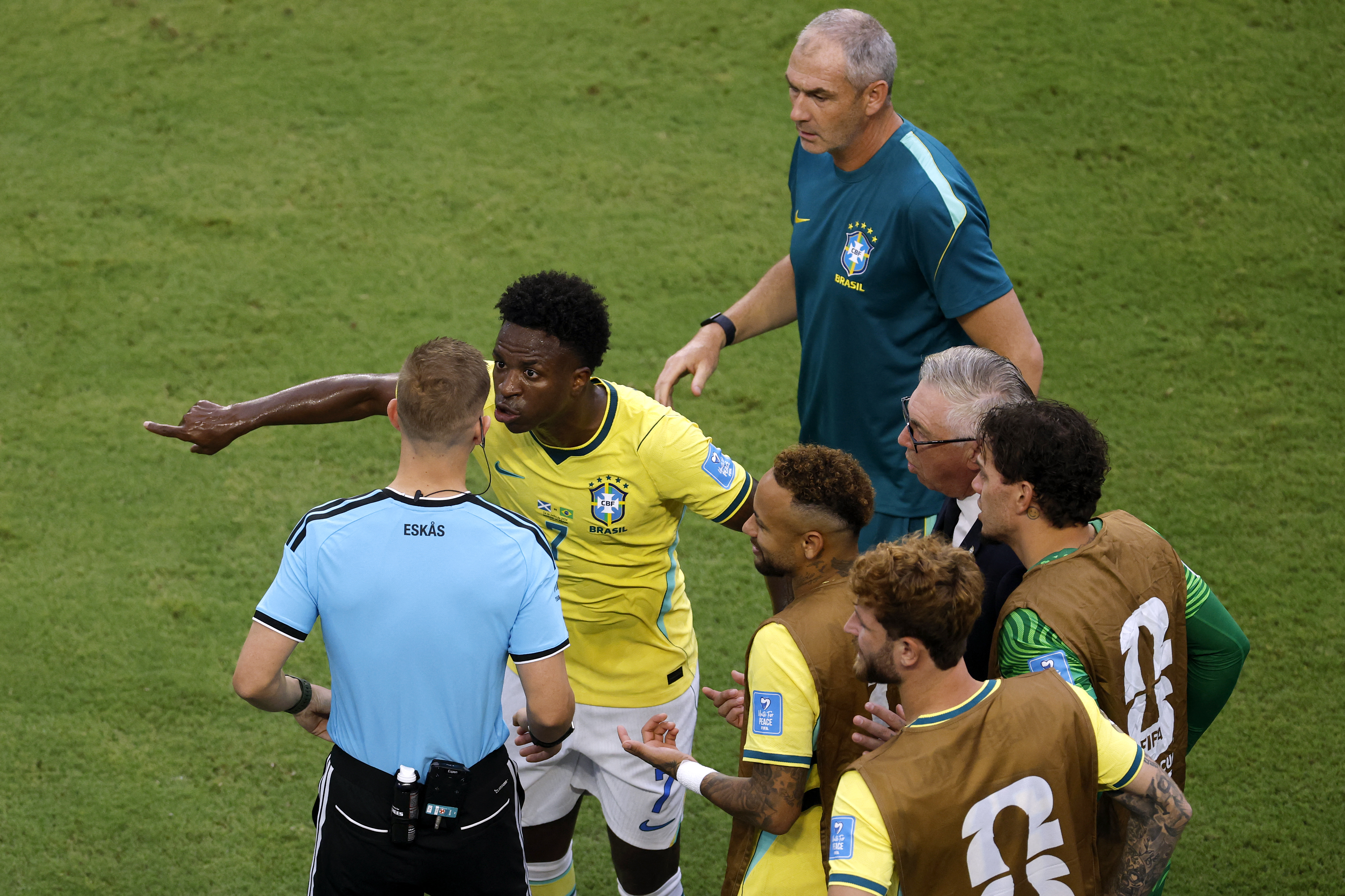 MIAMI GARDENS, FLORIDA - JUNE 24: Vinicius Junior #7 of Brazil reacts after his second goal was disallowed following a VAR review during the FIFA World Cup 2026 Group C match between Scotland and Brazil at Miami Stadium on June 24, 2026 in Miami Gardens, Florida. Michael Reaves/Getty Images/AFP (Photo by Michael Reaves / GETTY IMAGES NORTH AMERICA / Getty Images via AFP)