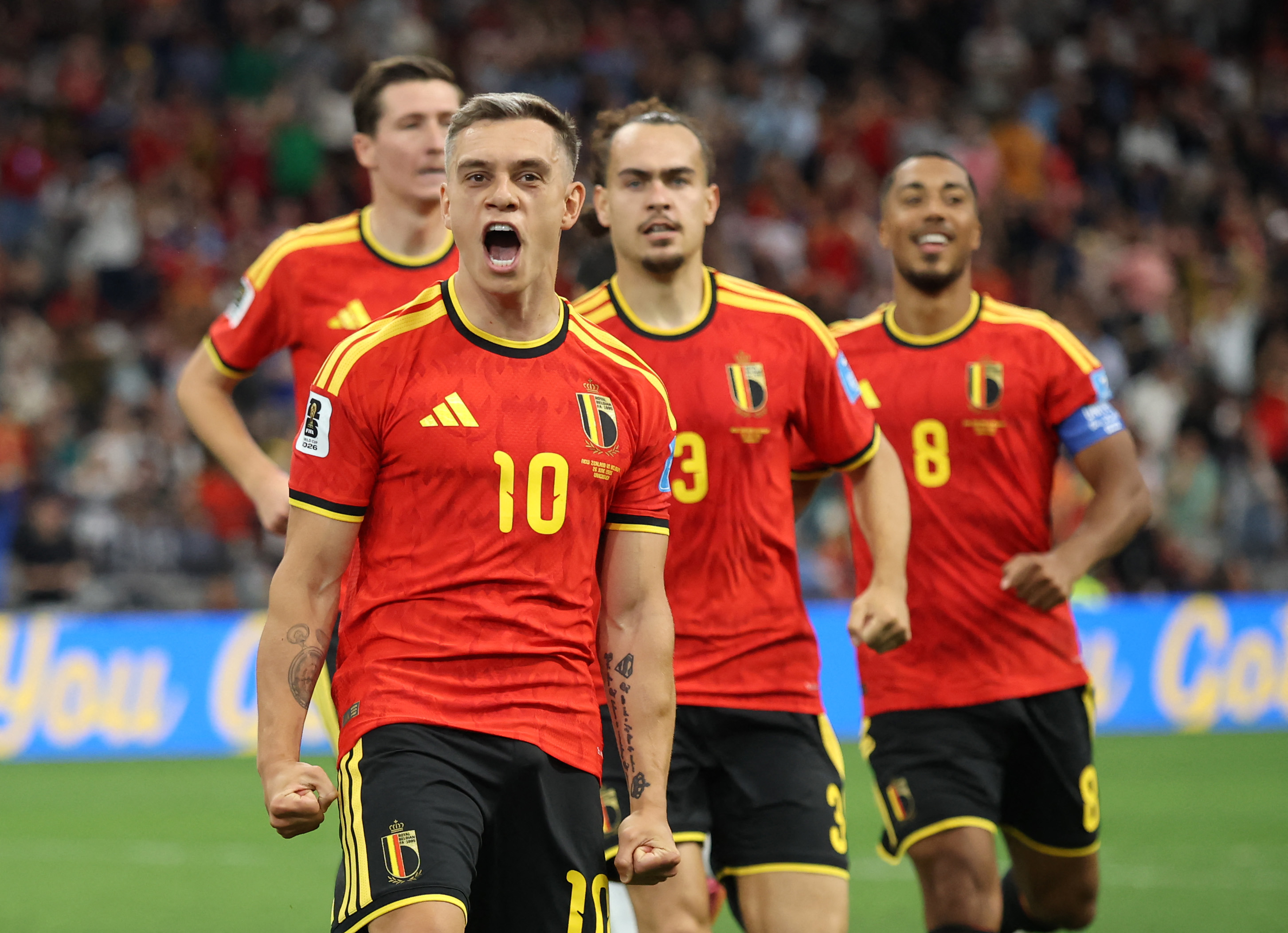 VANCOUVER, BRITISH COLUMBIA - JUNE 26: Leandro Trossard #10 of Belgium celebrates scoring his team's first goal during the FIFA World Cup 2026 Group G match between New Zealand and Belgium at BC Place Vancouver on June 26, 2026 in Vancouver, British Columbia. Alex Grimm/Getty Images/AFP (Photo by ALEX GRIMM / GETTY IMAGES NORTH AMERICA / Getty Images via AFP)