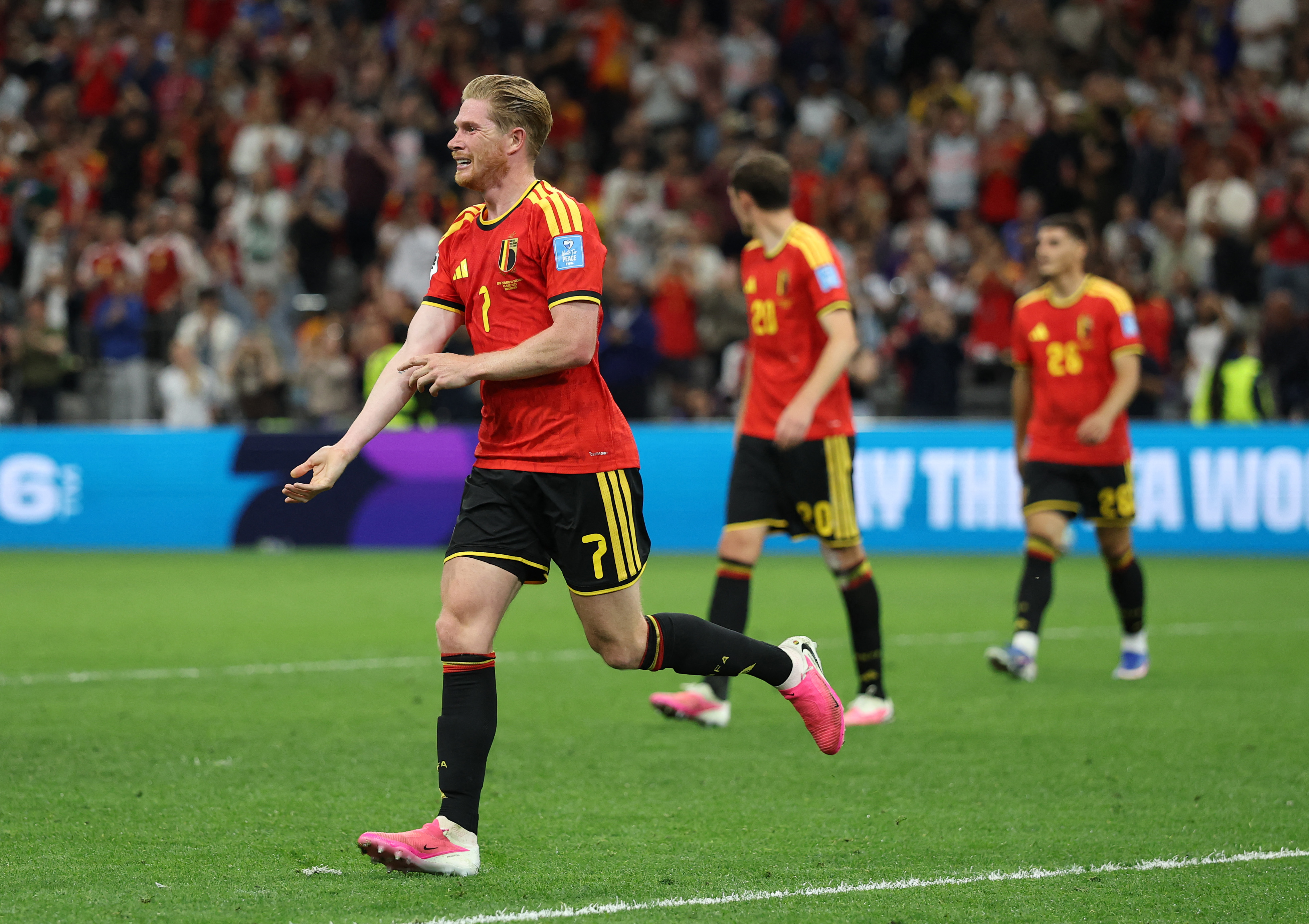 VANCOUVER, BRITISH COLUMBIA - JUNE 26: Kevin De Bruyne #7 of Belgium celebrates after scoring his team's third goal during the FIFA World Cup 2026 Group G match between New Zealand and Belgium at BC Place Vancouver on June 26, 2026 in Vancouver, British Columbia. Emilee Chinn/Getty Images/AFP (Photo by Emilee Chinn / GETTY IMAGES NORTH AMERICA / Getty Images via AFP)