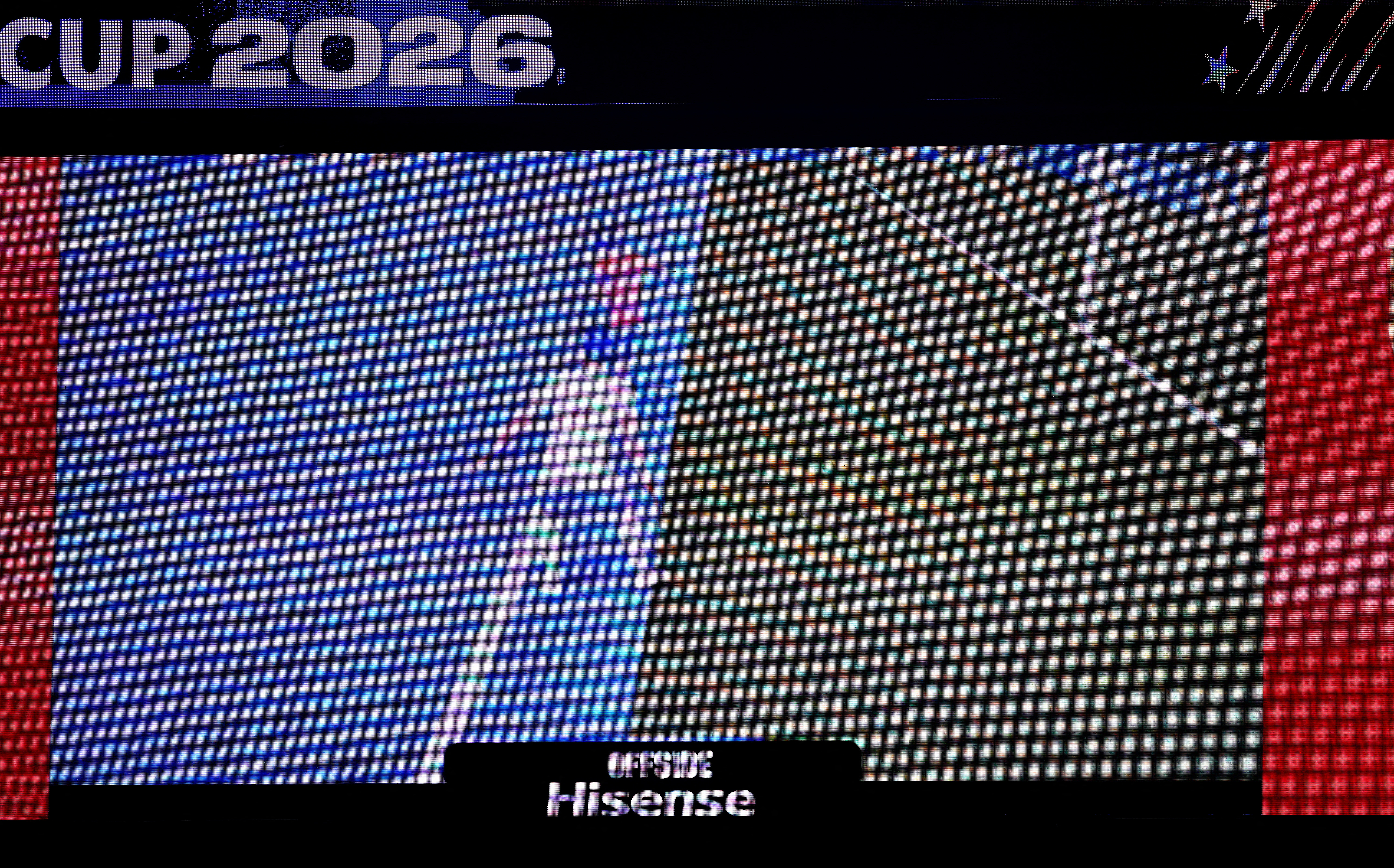 SEATTLE, WASHINGTON - JUNE 26: The video replay in the stadium shows Shoja Khalilzadeh #4 of IR Iran as offside when he scored the second goal which was then dissalowed during the FIFA World Cup 2026 Group G match between Egypt and IR Iran at Seattle Stadium on June 26, 2026 in Seattle, Washington. Richard Heathcote/Getty Images/AFP (Photo by Richard HEATHCOTE / GETTY IMAGES NORTH AMERICA / Getty Images via AFP)