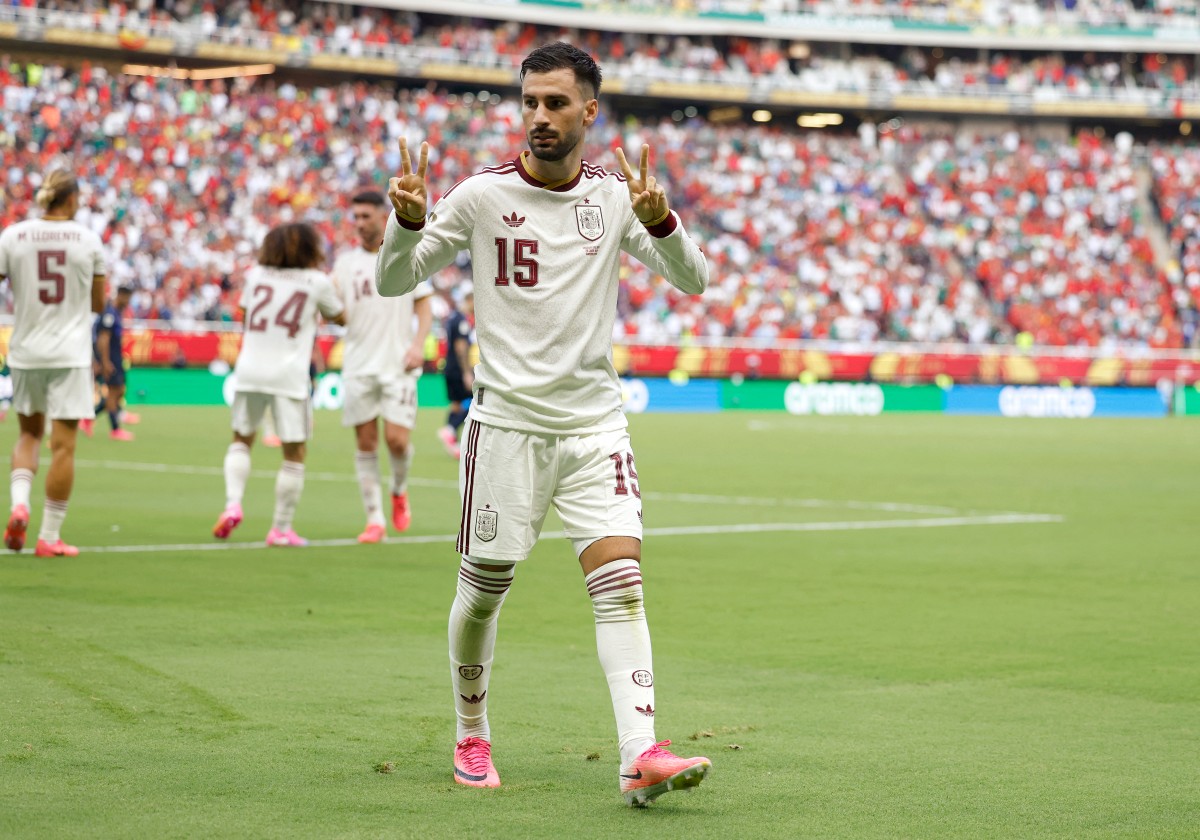 Spain's midfielder #15 Alex Baena celebrates scoring his team's first goal during the 2026 World Cup