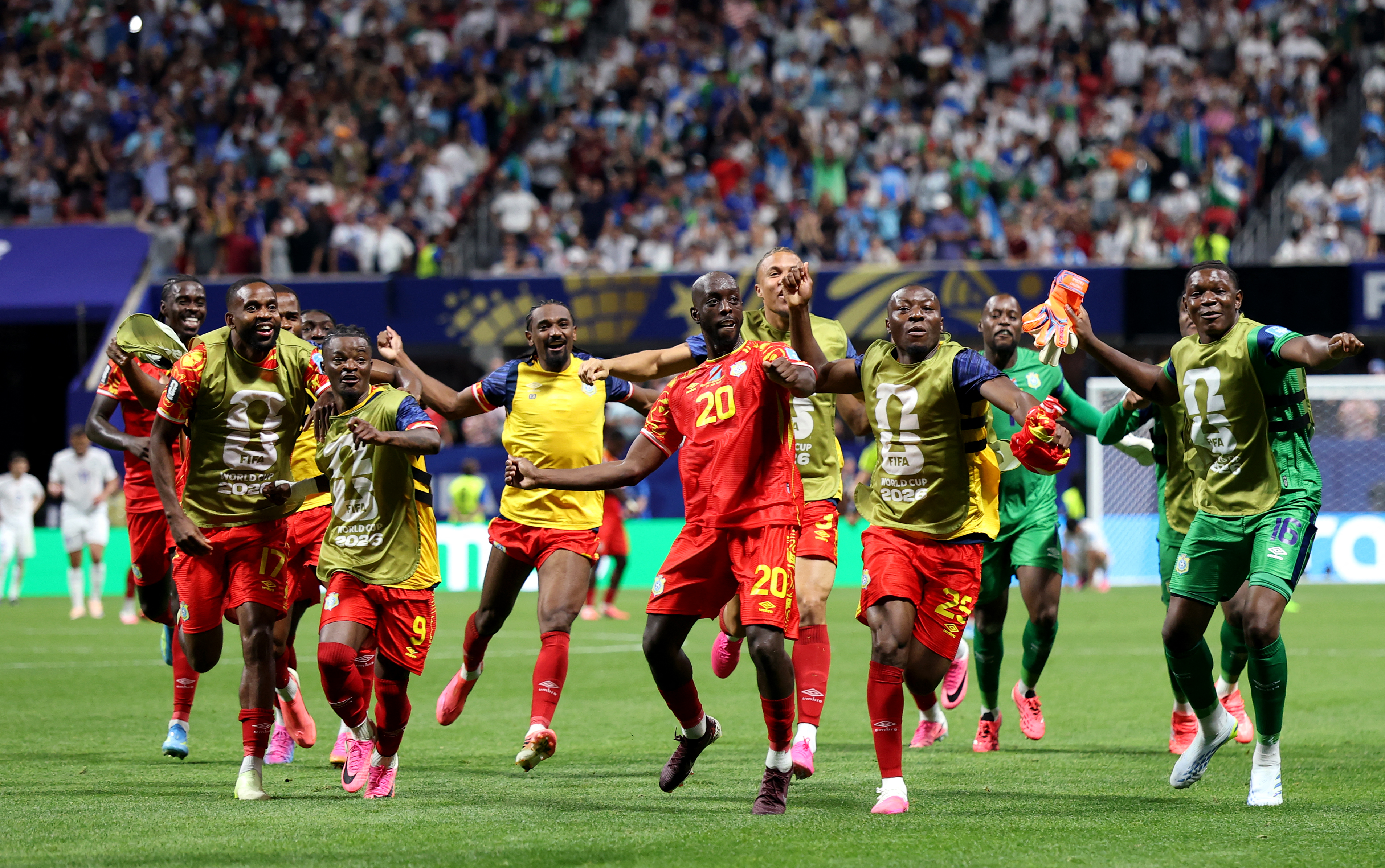 ATLANTA, GEORGIA - JUNE 27: Yoane Wissa #20 of Congo DR celebrates with teammates after scoring the team's third goal during the FIFA World Cup 2026 Group K match between Congo DR and Uzbekistan at Atlanta Stadium on June 27, 2026 in Atlanta, Georgia. Molly Darlington/Getty Images/AFP (Photo by Molly Darlington / GETTY IMAGES NORTH AMERICA / Getty Images via AFP)
