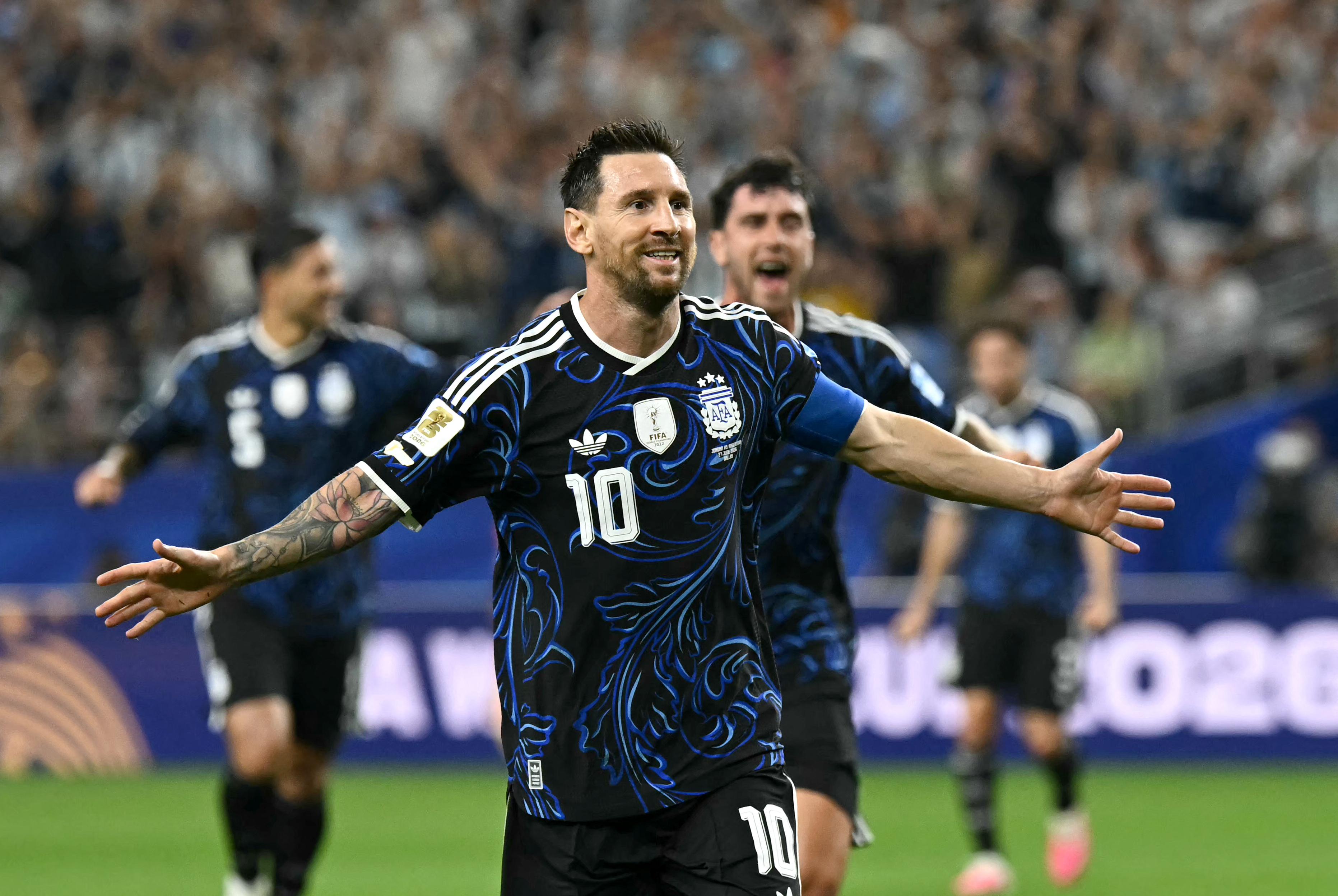 Argentina's forward #10 Lionel Messi celebrates scoring his team's third goal during the 2026 World Cup Group J football match between Jordan and Argentina at the Dallas Stadium in Arlington on June 27, 2026. (Photo by Paul ELLIS / AFP)