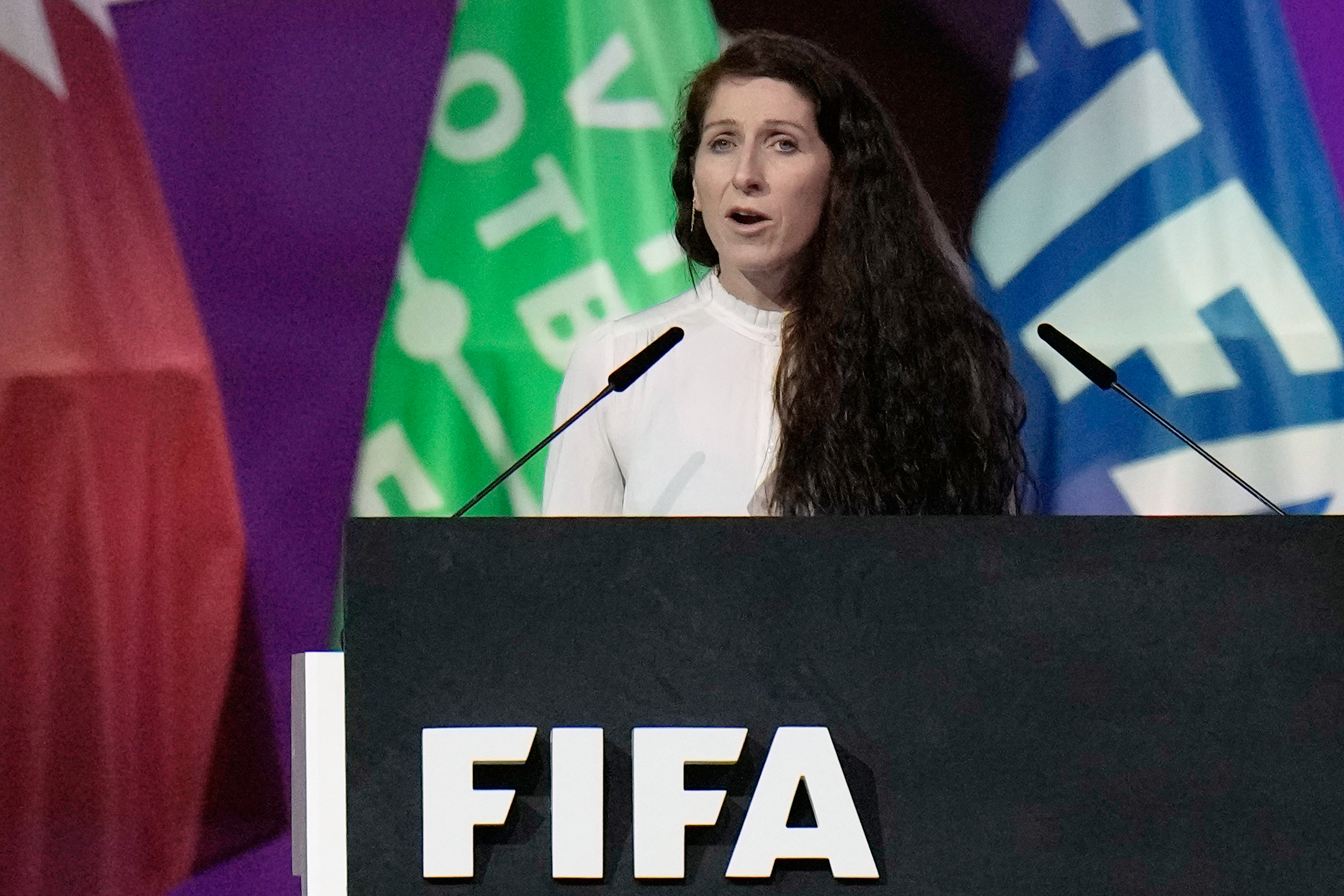 Norwegian federation president Lise Klaveness speaks during the FIFA congress at the Doha Exhibition and Convention Center in Doha, Qatar, on March 31, 2022