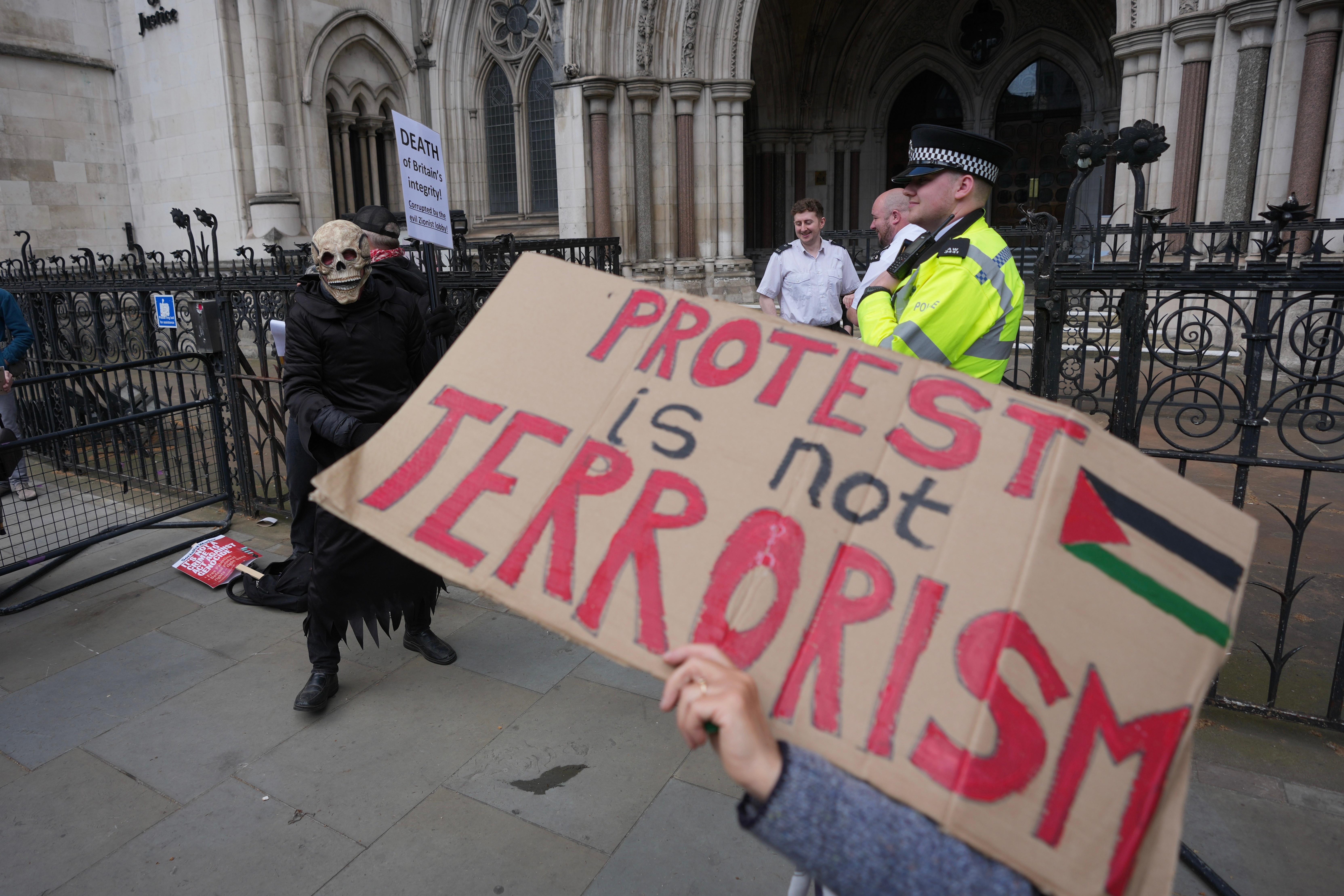 Palestine Action protesters at the Royal Court of Justice in London, April 28, 2026
