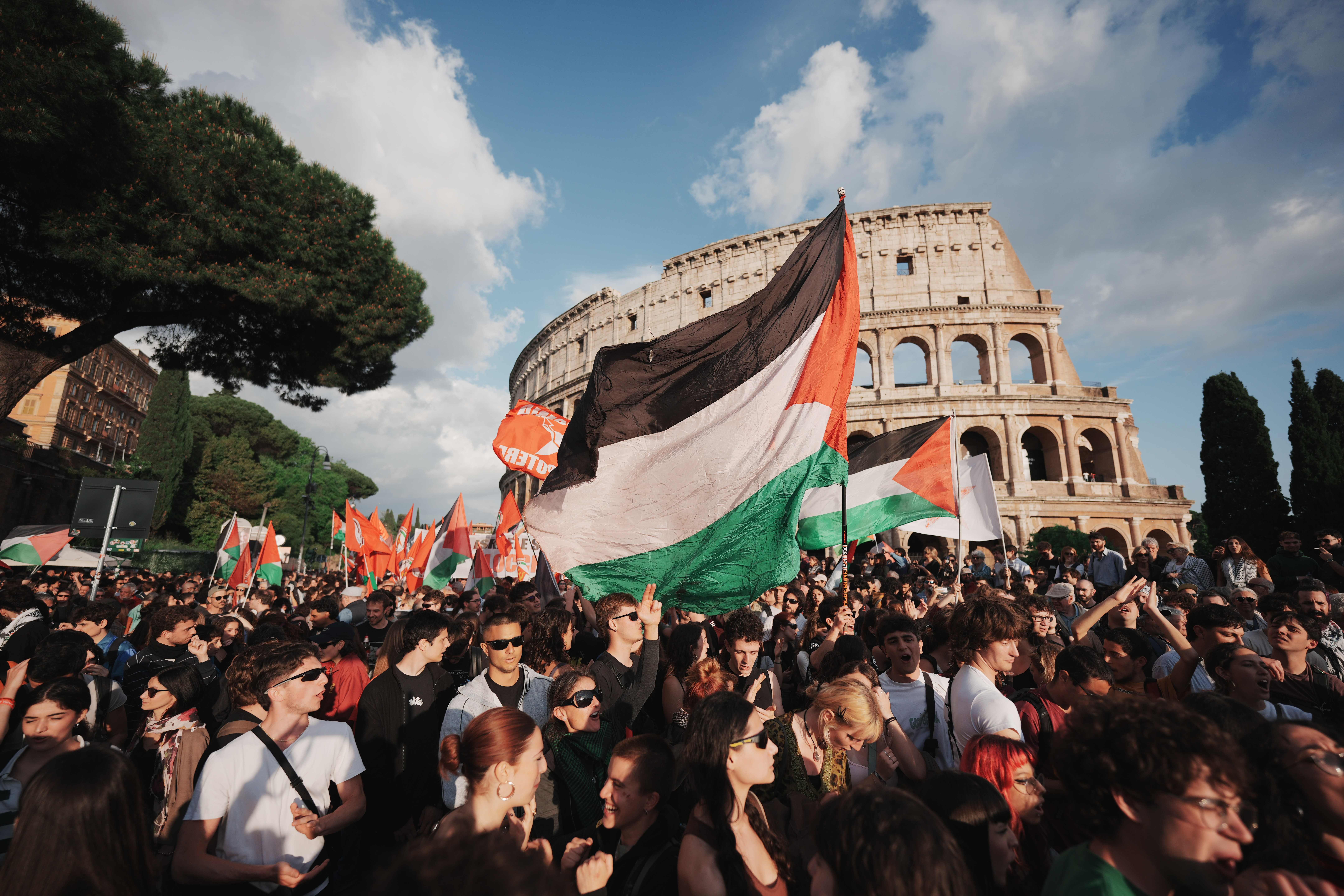 People stage a protest after activists attempting to break Israel's maritime blockade of Gaza say Israeli forces have intercepted their "Global Sumud Flotilla" near the southern Greek island of Crete, in Rome, Thursday, April 30, 2026. (AP Photo/Andrew Medichini)