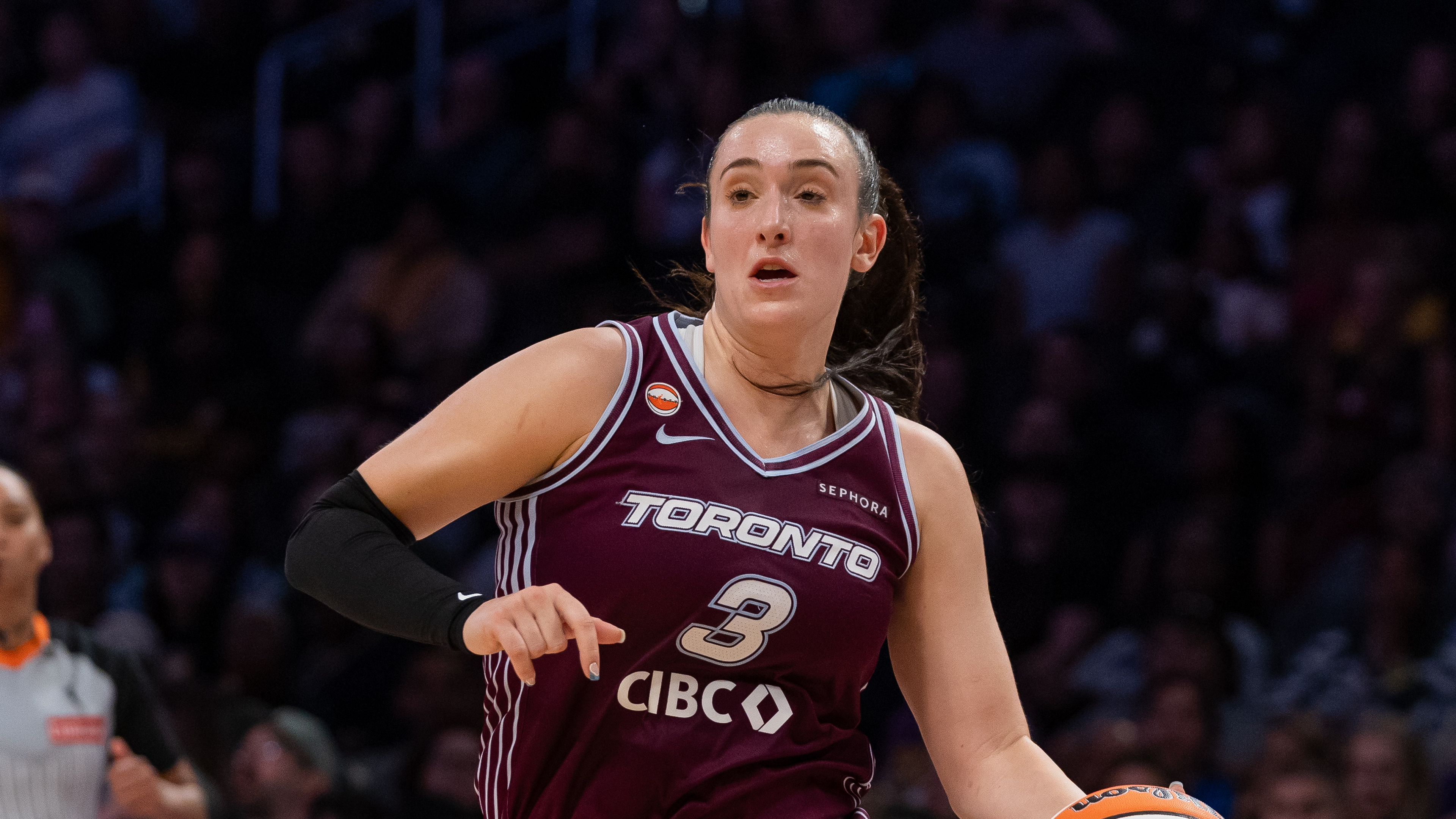 Toronto Tempo guard Marina Mabrey against the Los Angeles Sparks during a WNBA basketball game in Los Angeles, Friday, May 15, 2026. (AP Photo/Jeff Lewis)