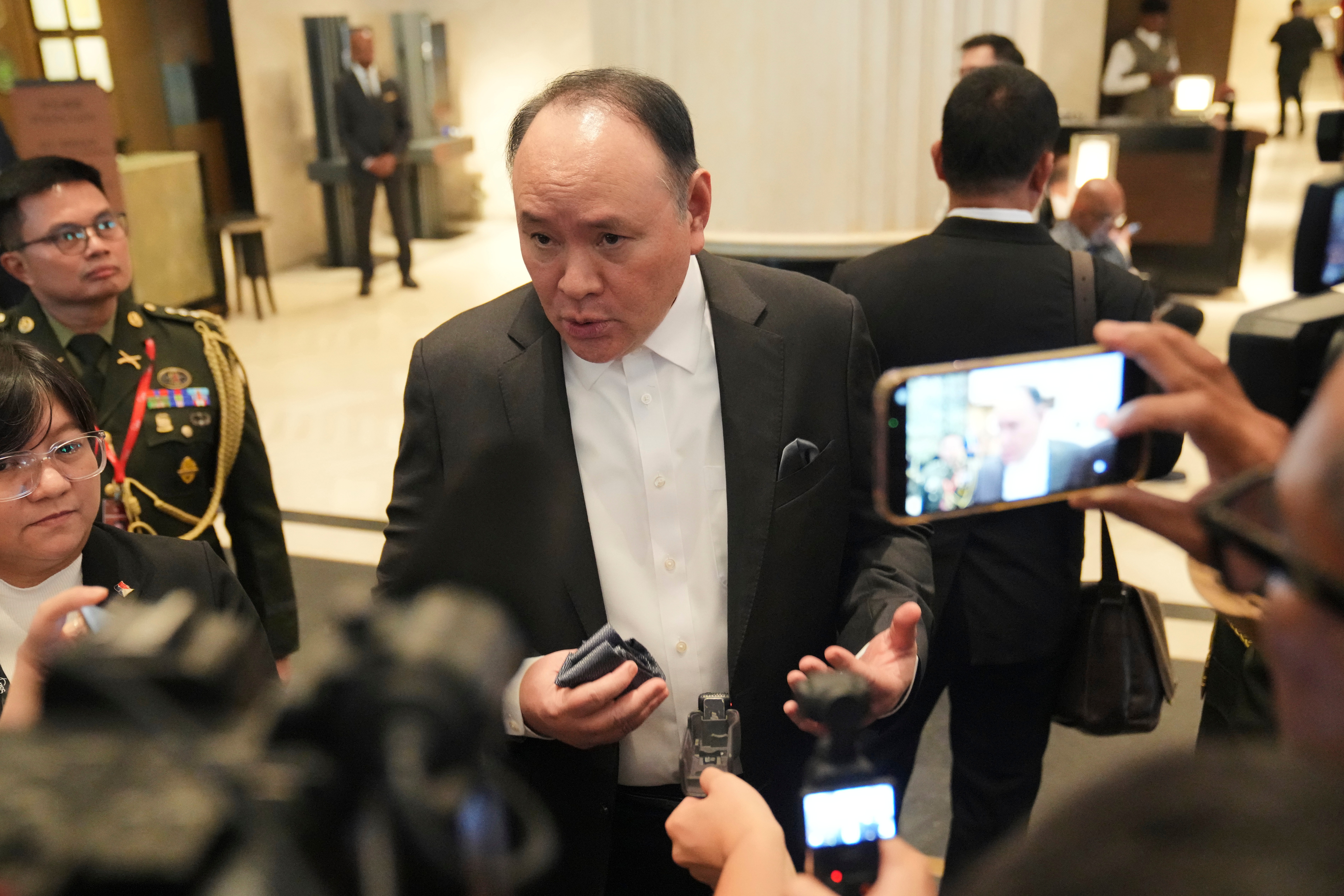 Philippine's Defence Secretary Gilberto Teodoro talks to the media as he attends the Shangri-La Dialogue, Asia's annual defence and security forum, in Singapore on May 29, 2026.