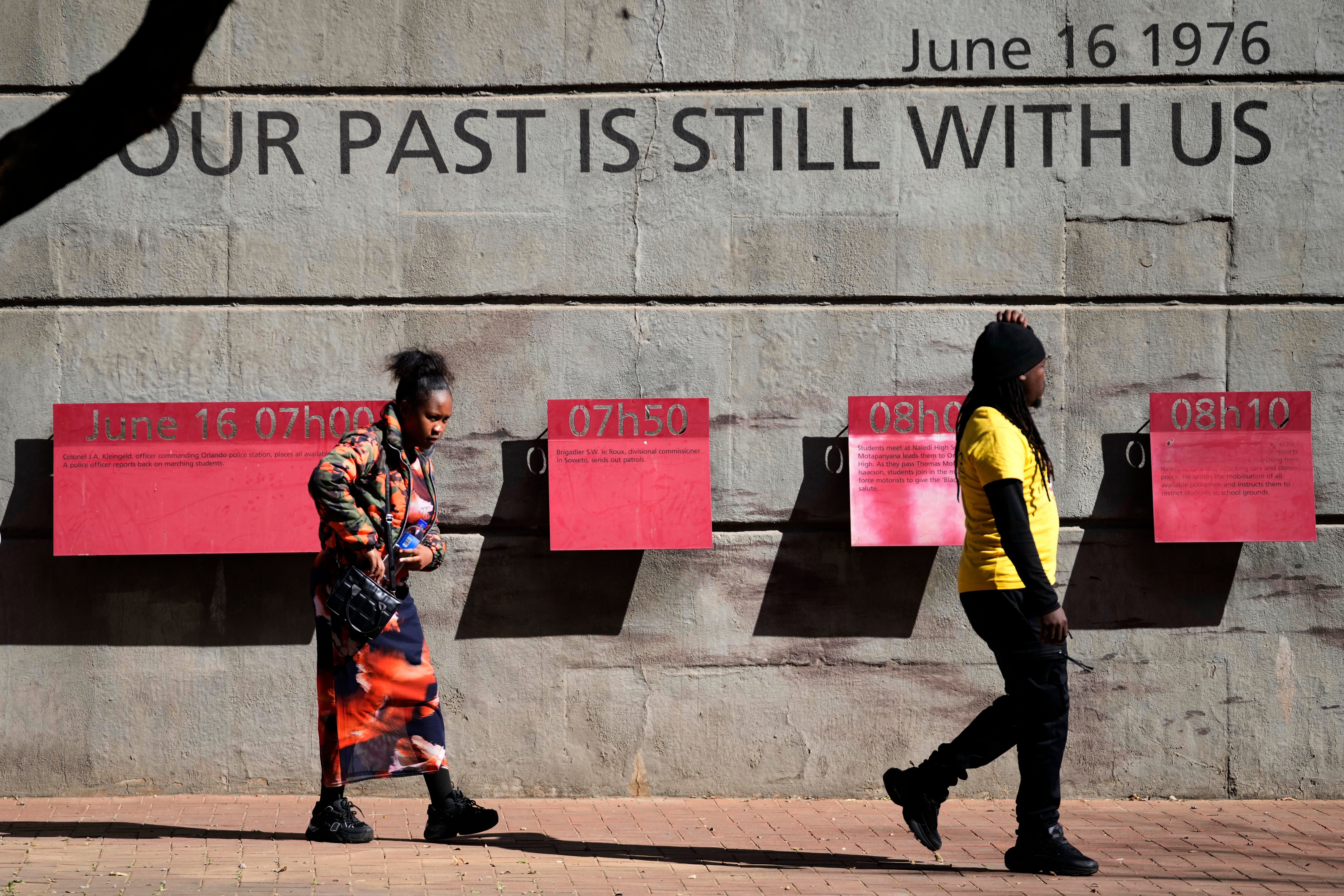 Youth visit the June 16 Memorial Acre, in Soweto, South Africa, Monday, June 15, 2026