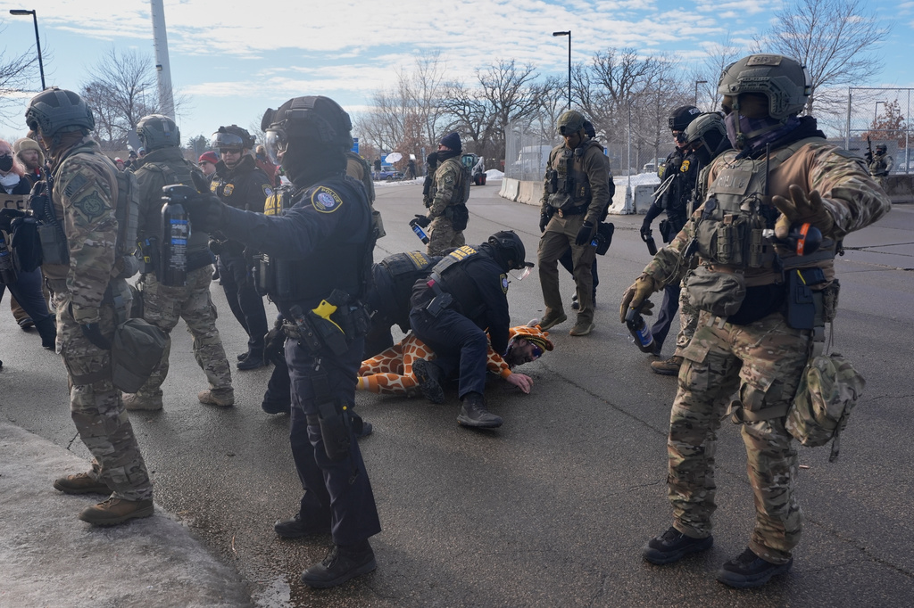 Federal agents detain a protester