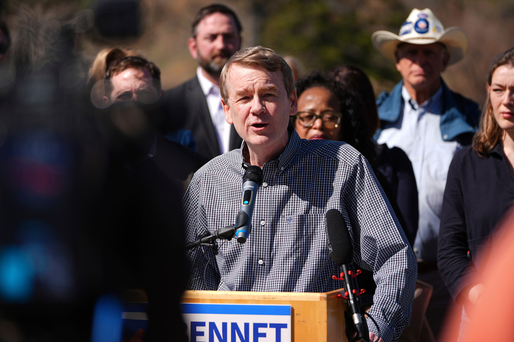 US Senator Michael Bennet announces his plan to run for Colorado’s governorship in the 2026 election at an event outside the Museum of Nature and Science, April 11, 2025, in Denver, Colorado