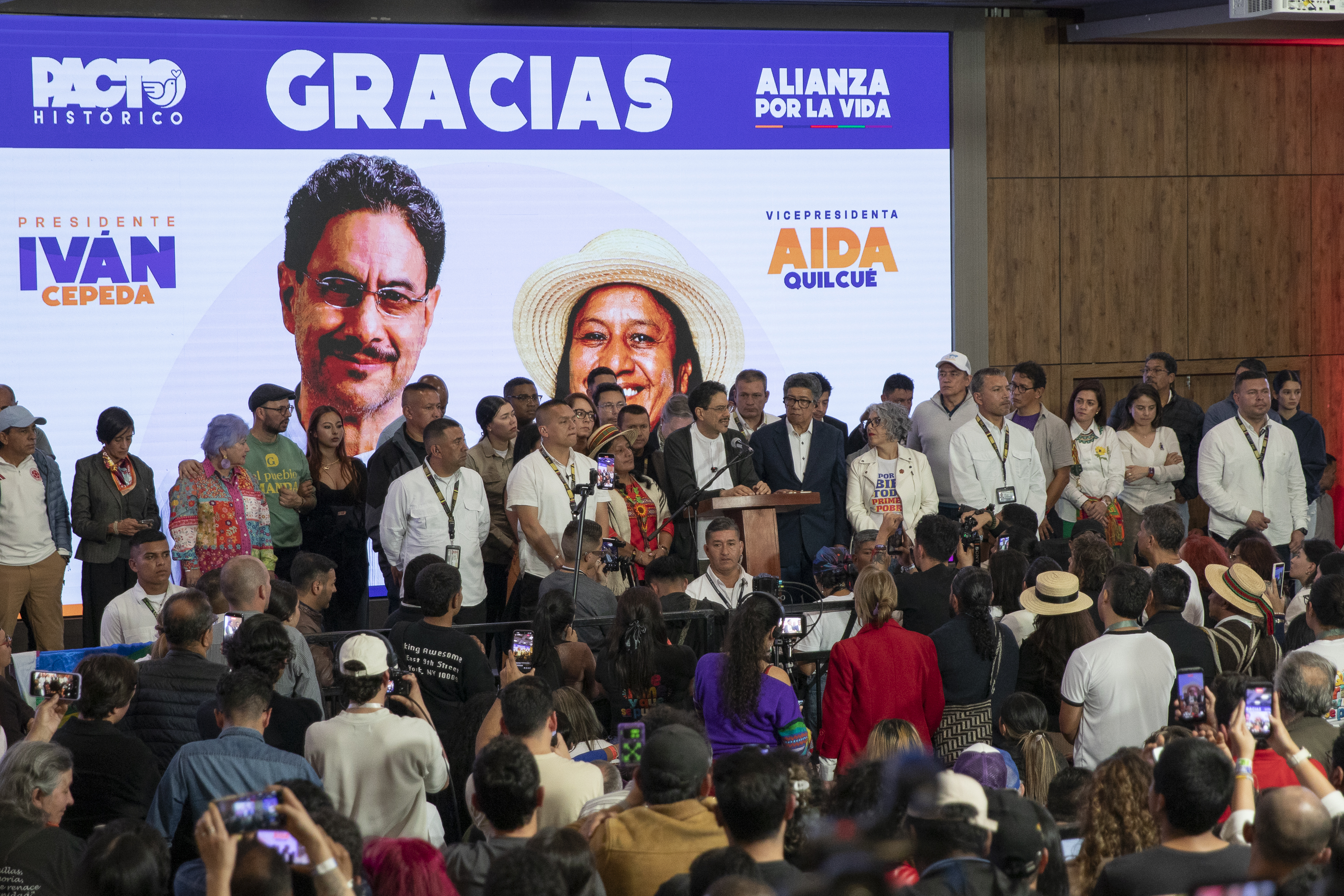 Ivan Cepeda addresses his supporters following the first round of voting at his base in Tequendama Hotel in Bogotá on May 31, 2026. [Christina Noriega/Al Jazeera]