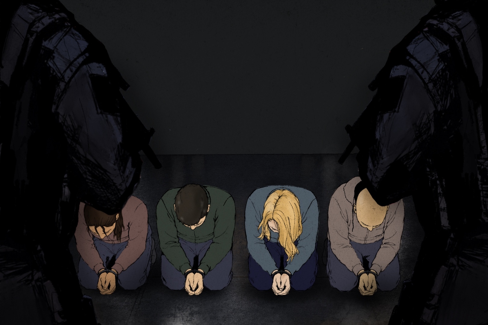 Detainees kneel face down on the deck of the Nahshon, an Israeli prison ship, as armed soldiers surround them following the interception of the Gaza-bound flotilla [Jawaher Al-Naimi/Al Jazeera]