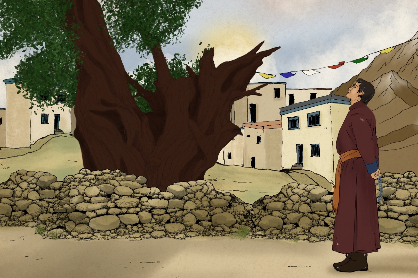 An illustration of the walnut tree that helped establish the Bon village of Lubra in Nepal, with spiritual leader Lama Tsultrim standing near the tree [Jawaher Al-Naimi/Al Jazeera]