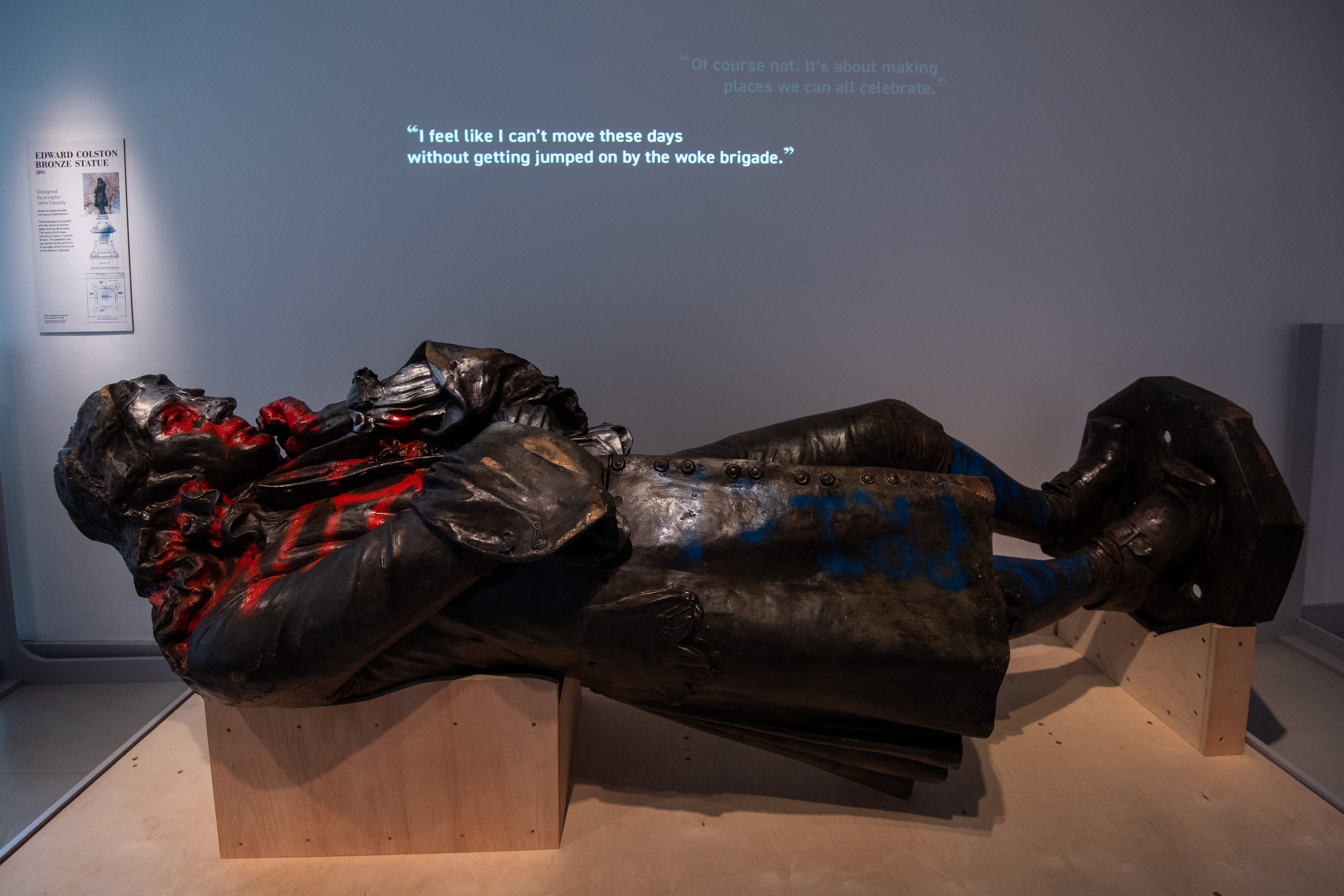 The toppled and graffitied statue of Edward Colston is displayed in the M Shed museum in Bristol, England