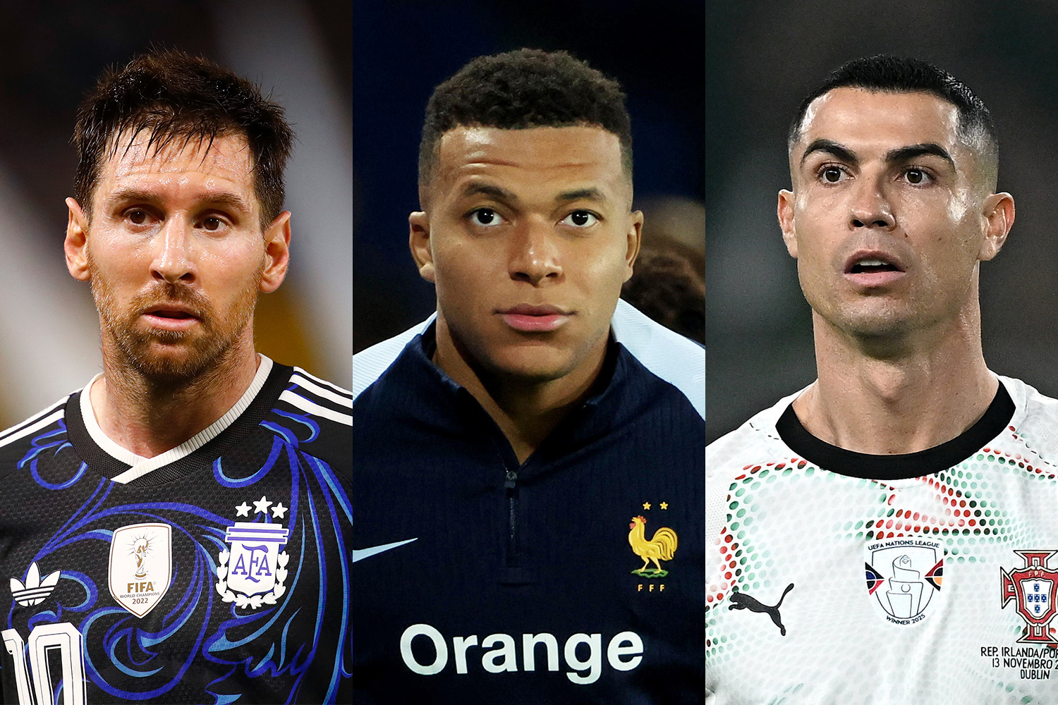 Lionel Messi, Kylian Mbappe and Cristiano Ronaldo react.