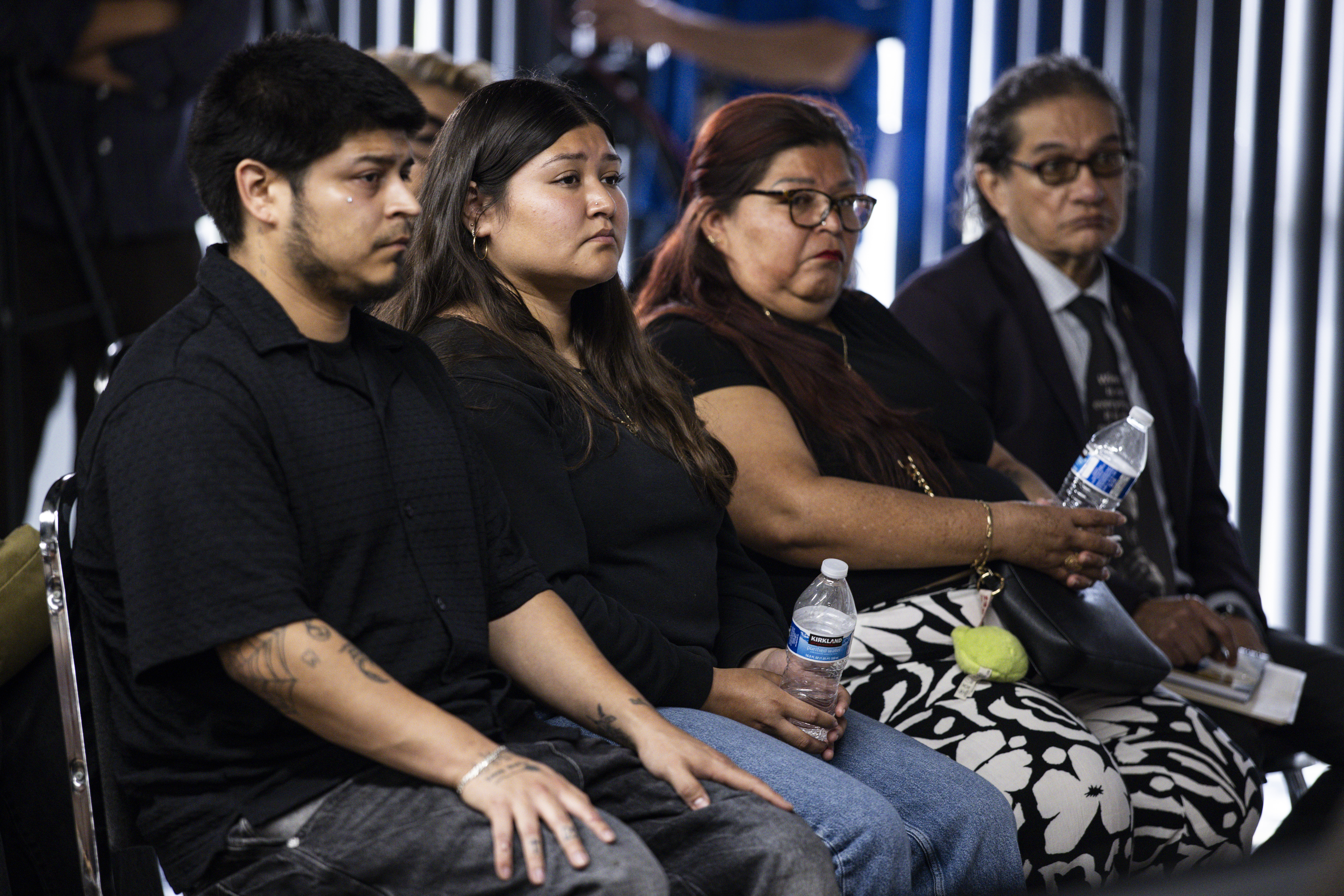 Jose Guadalupe Ramos-Solano's children and widow José Ramos, left, Gloria Ramos, 2nd L, and Antonia Tovar, 2nd R, during a press conference calling investigation into the recent death of a Mexican national at the Adelanto ICE Processing Center at the Consulate General of Mexico in Los Angeles on Monday, March 30, 2026, in Los Angeles, CA. Jose Guadalupe Ramos-Solano passed away on March 25, 2026 while being held at the Adelanto ICE Processing Center when security staff discovered him unconscious and unresponsive