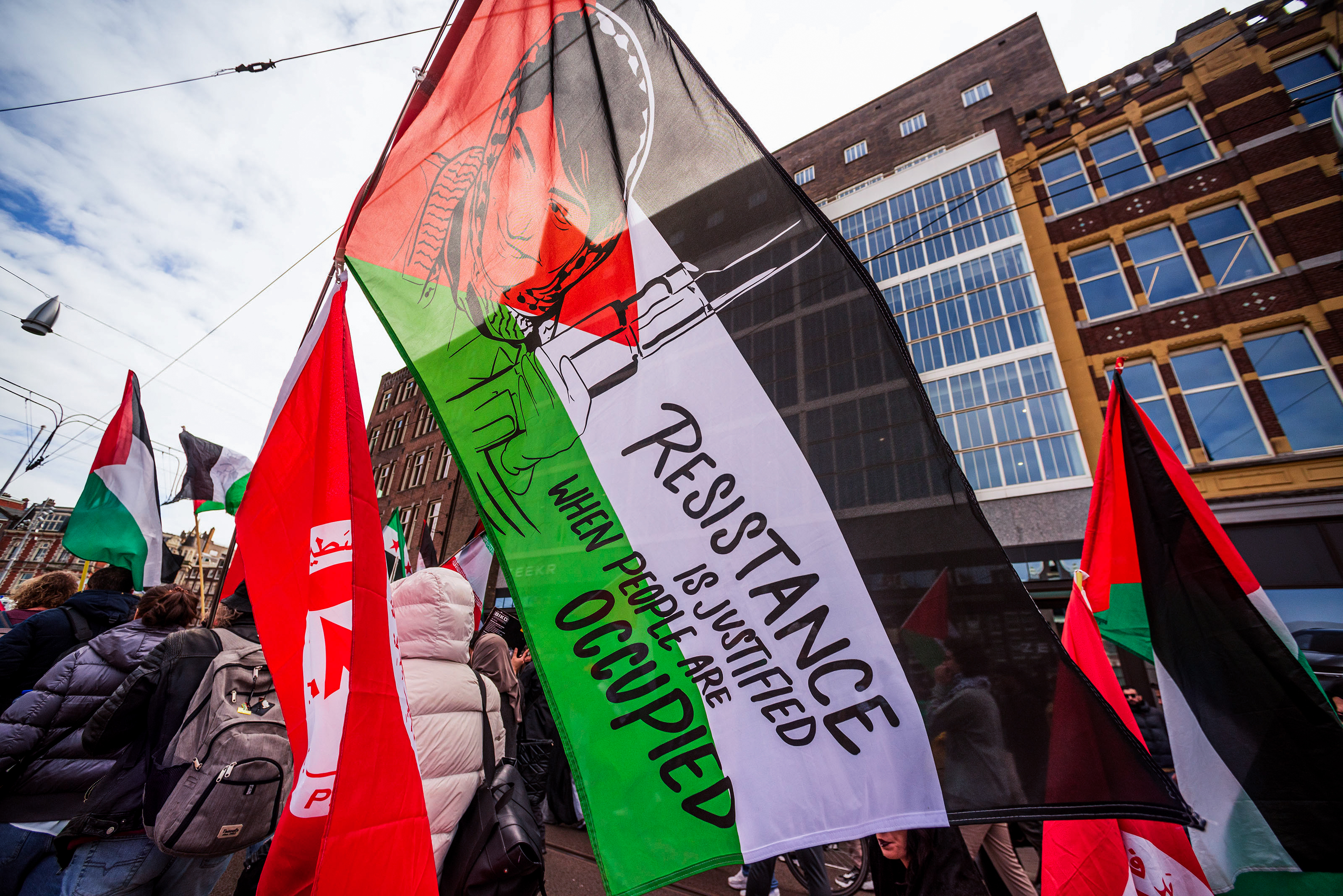 A pro-Palestinian protester waves flags during a demonstration