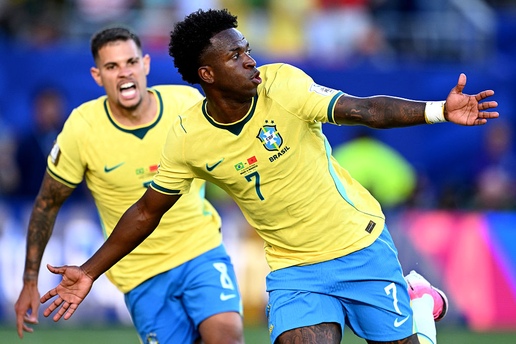 Vinícius Junior of Brazil celebrates his goal during the FIFA World Cup 2026 Group C match between Brazil and Morocco
