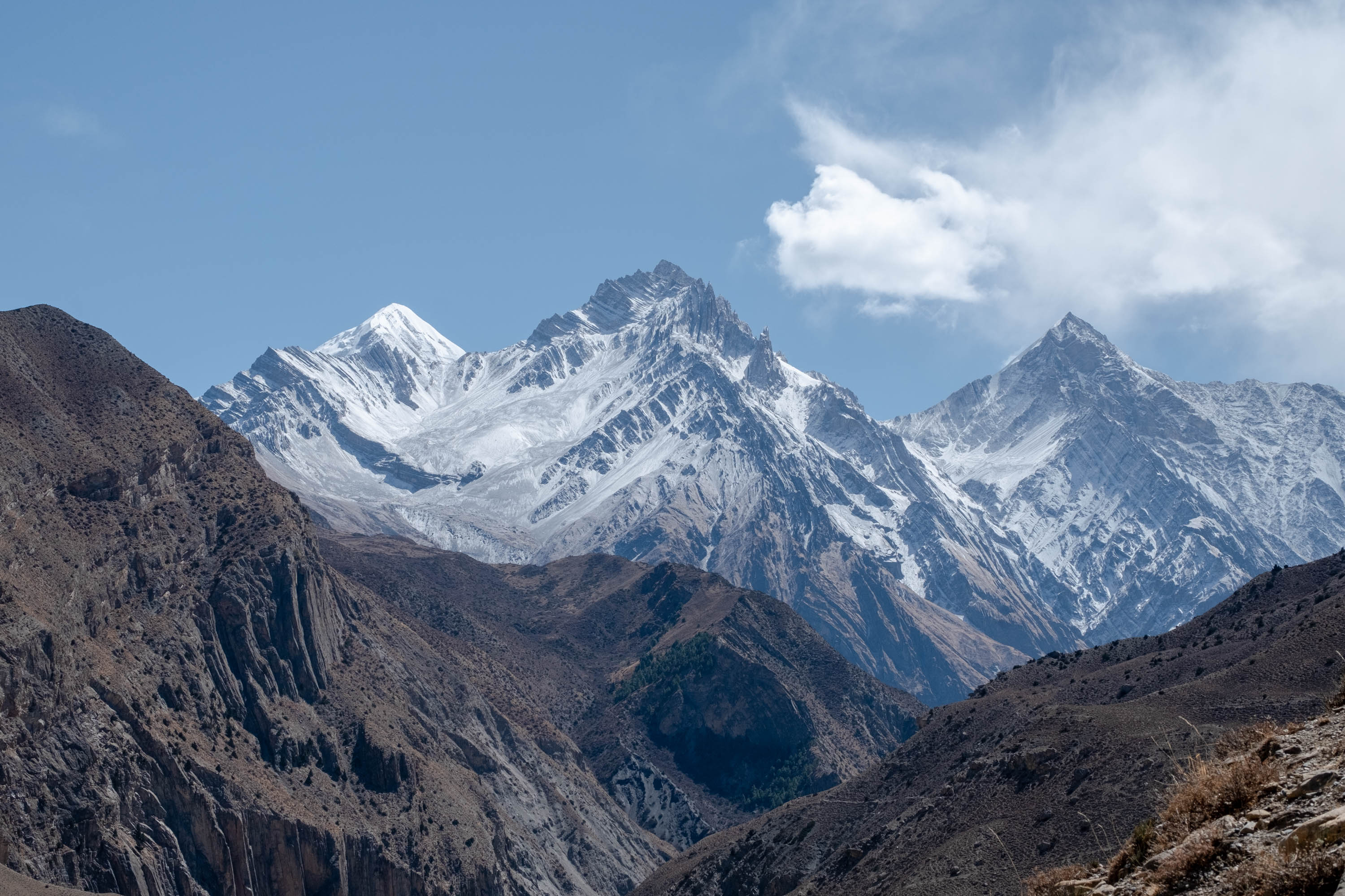 The Himalayas serve as a stunning backdrop to the ancient Bon village of Lubra, Nepal. But the mountains have far less snow than in decades past [Eileen McDougall/Al Jazeera]