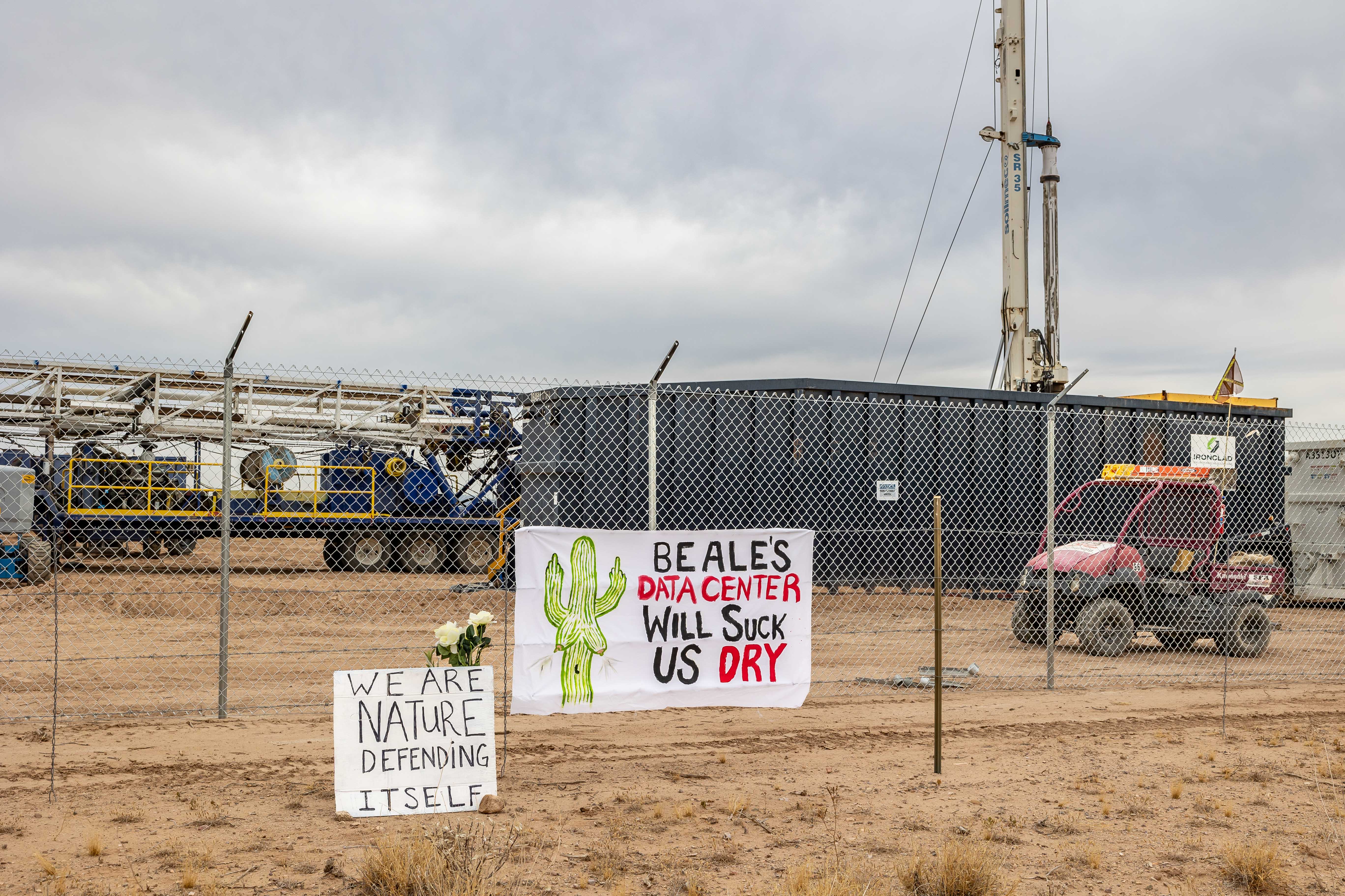 No Desert Data Center protestors outside the Project Blue site in Pima county, Arizona, US as construction begins on a data center