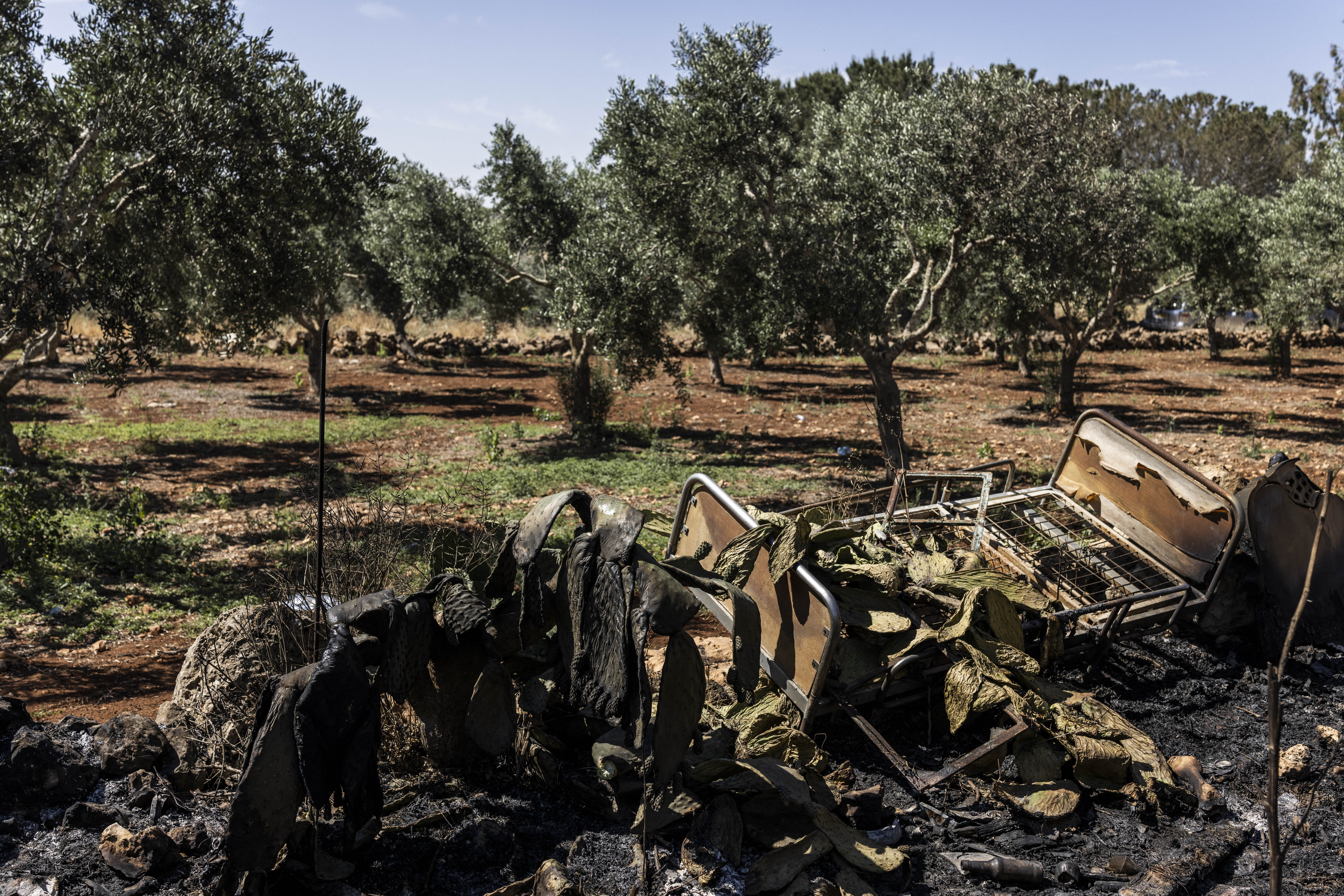 A destroyed bed and a burned tree outside a sheep farm that was set on fire by Israeli settlers in the occupied West Bank