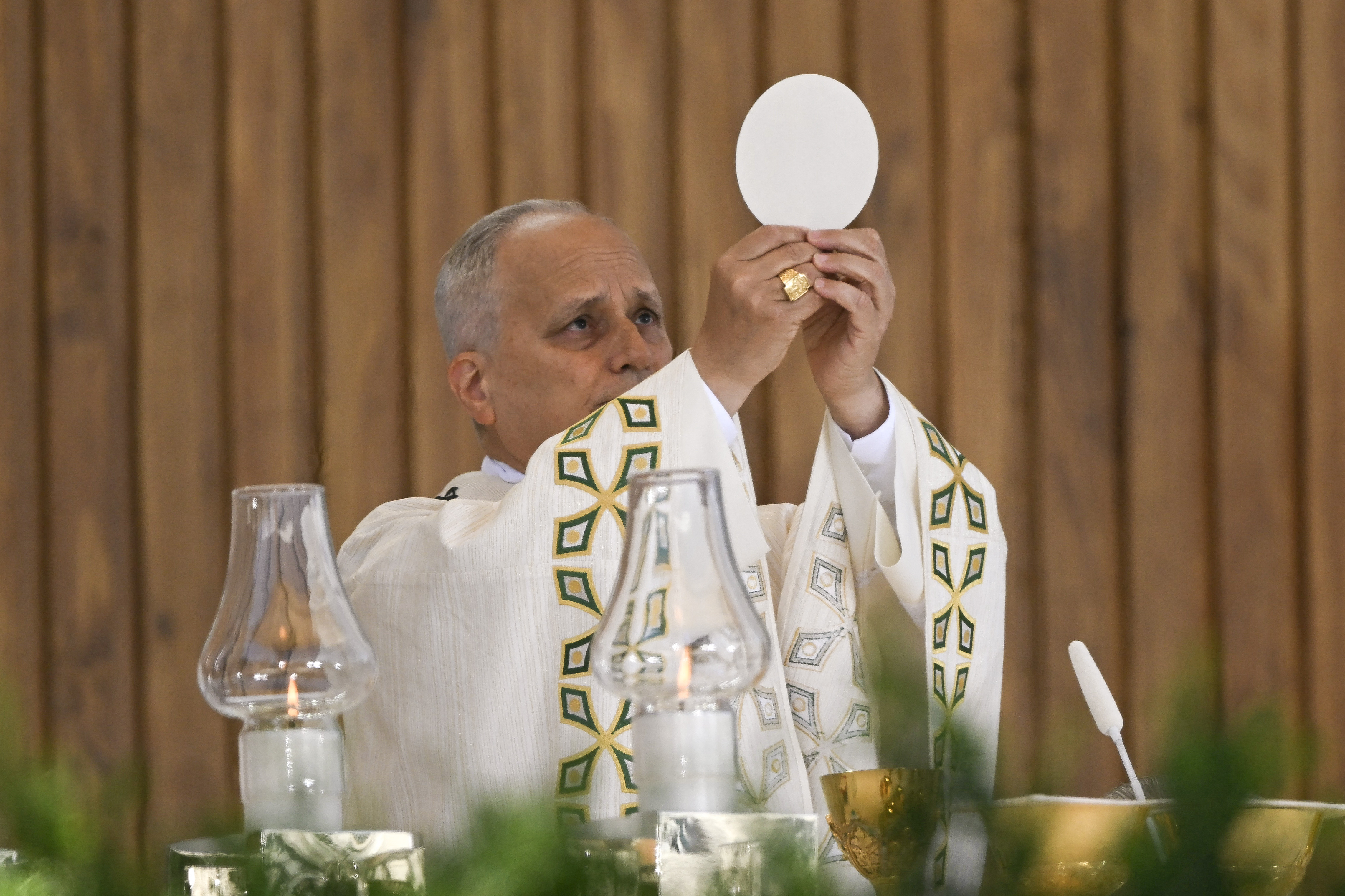 Pope Leo XIV leads the mass in the Plaza de Cibeles in Madrid [AFP]