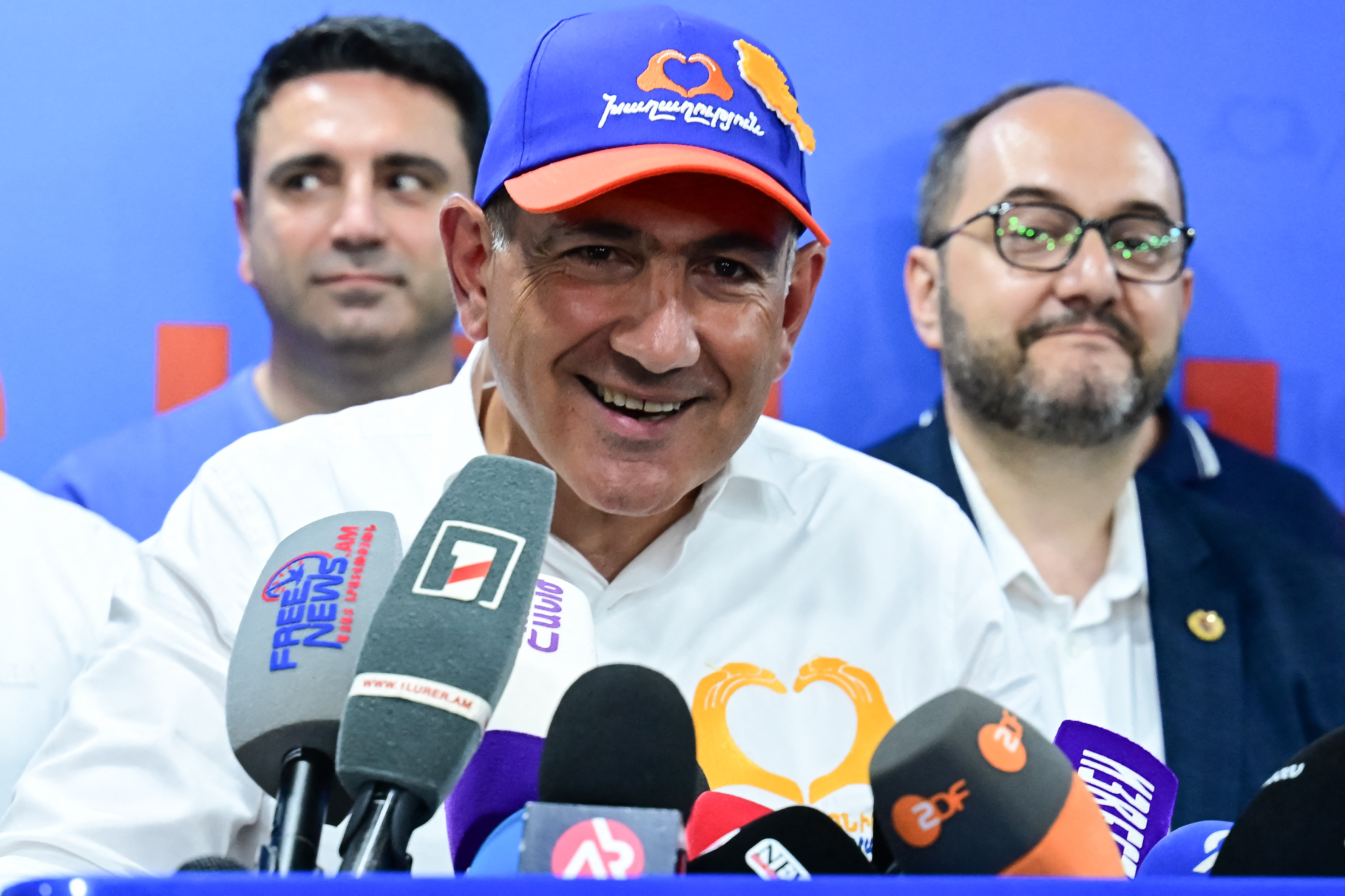 Armenian Prime Minister and leader of the Civil Contract party Nikol Pashinyan holds a press conference following the parliamentary election at the party’s headquarters in Yerevan early on June 8, 2026.