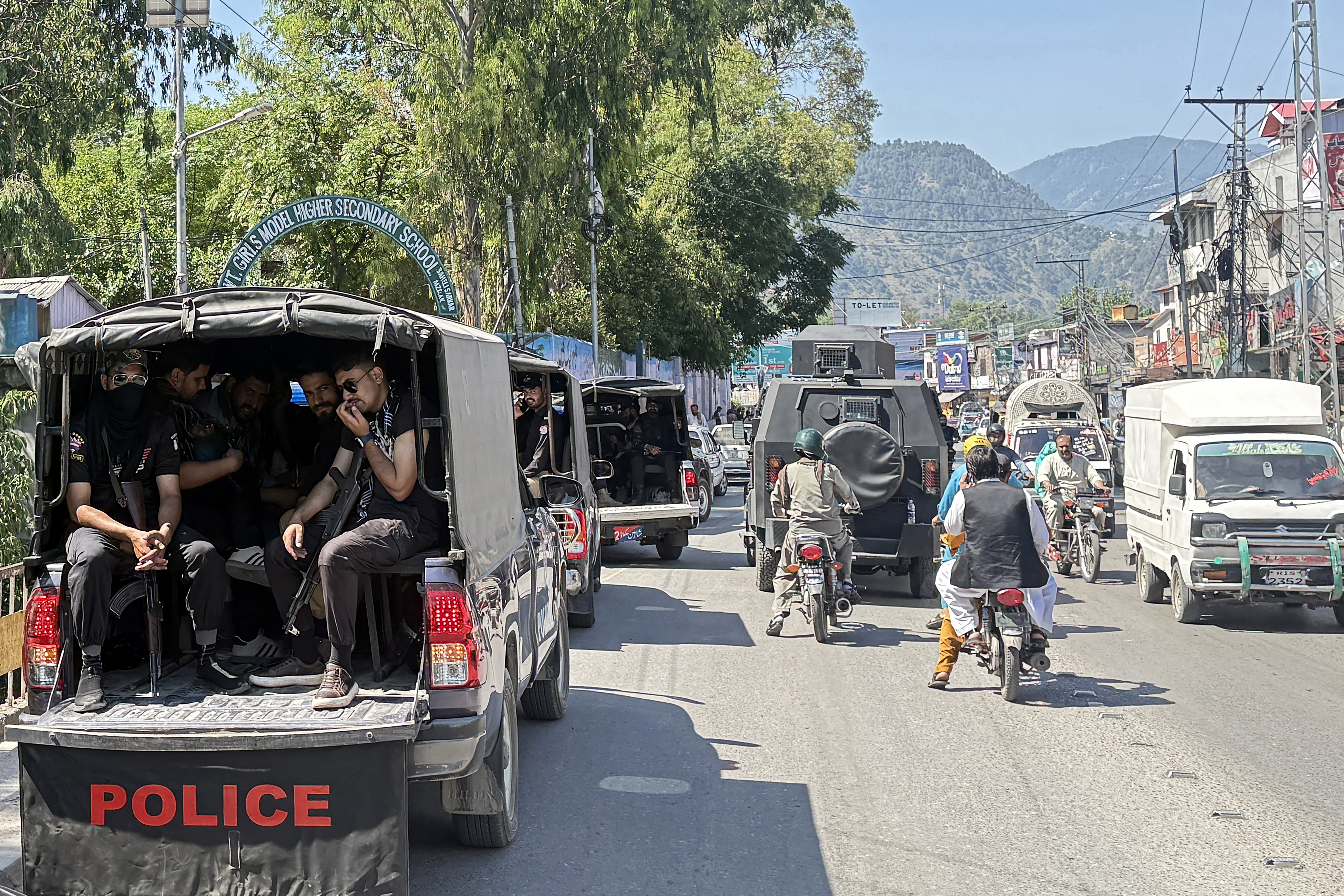Security personnel patrol a street in Muzaffarabad, capital of Pakistan-administered Kashmir on June 8, 2026 on the eve of Joint Awami Action Committee (JAAC)'s anticipated rally, days after the local government banned the protest group under anti-terror laws.