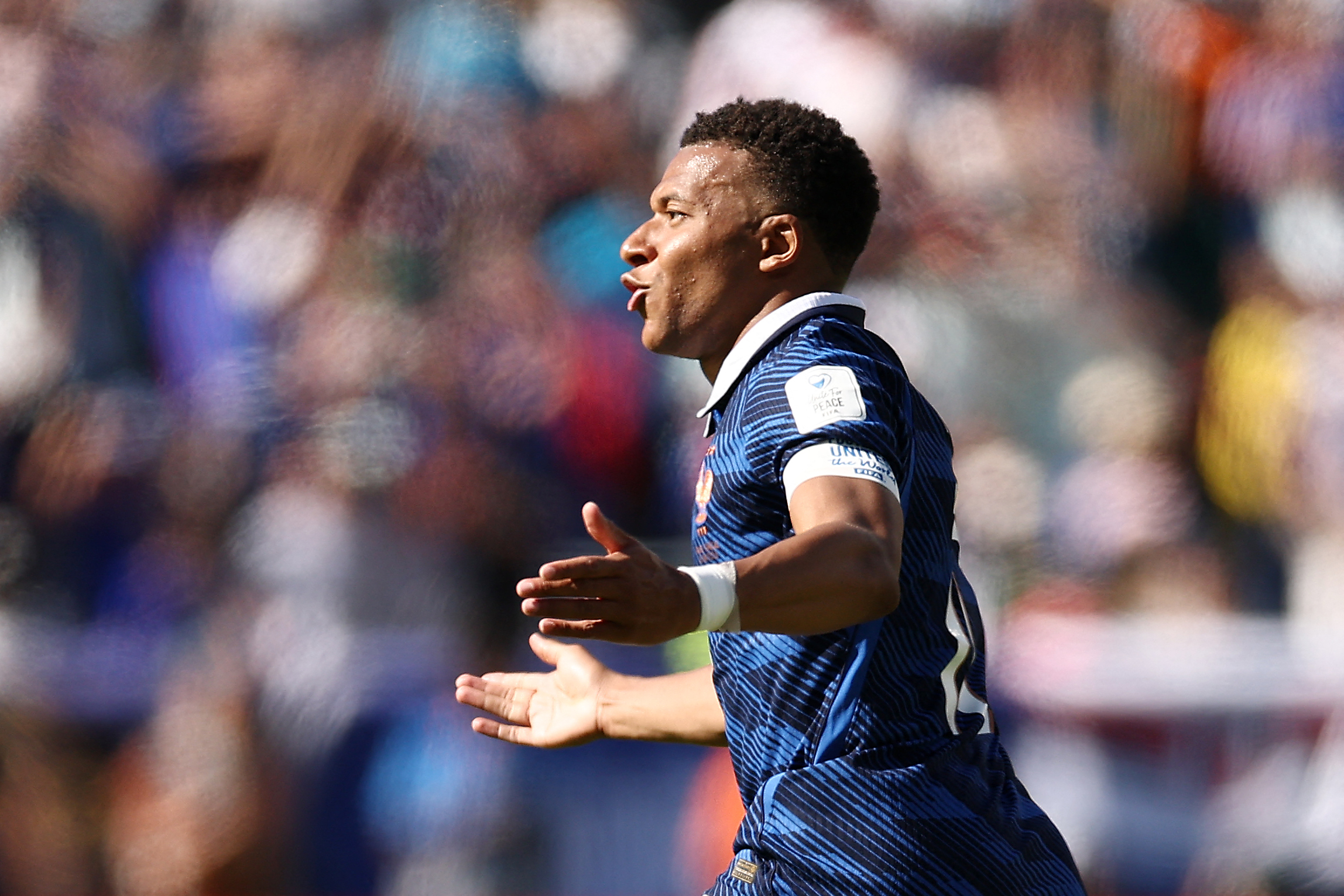 France's forward #10 Kylian Mbappe celebrates after scoring his team's third goal during the 2026 World Cup Group I football match between France and Senegal at the New York/New Jersey Stadium in East Rutherford on June 16, 2026.