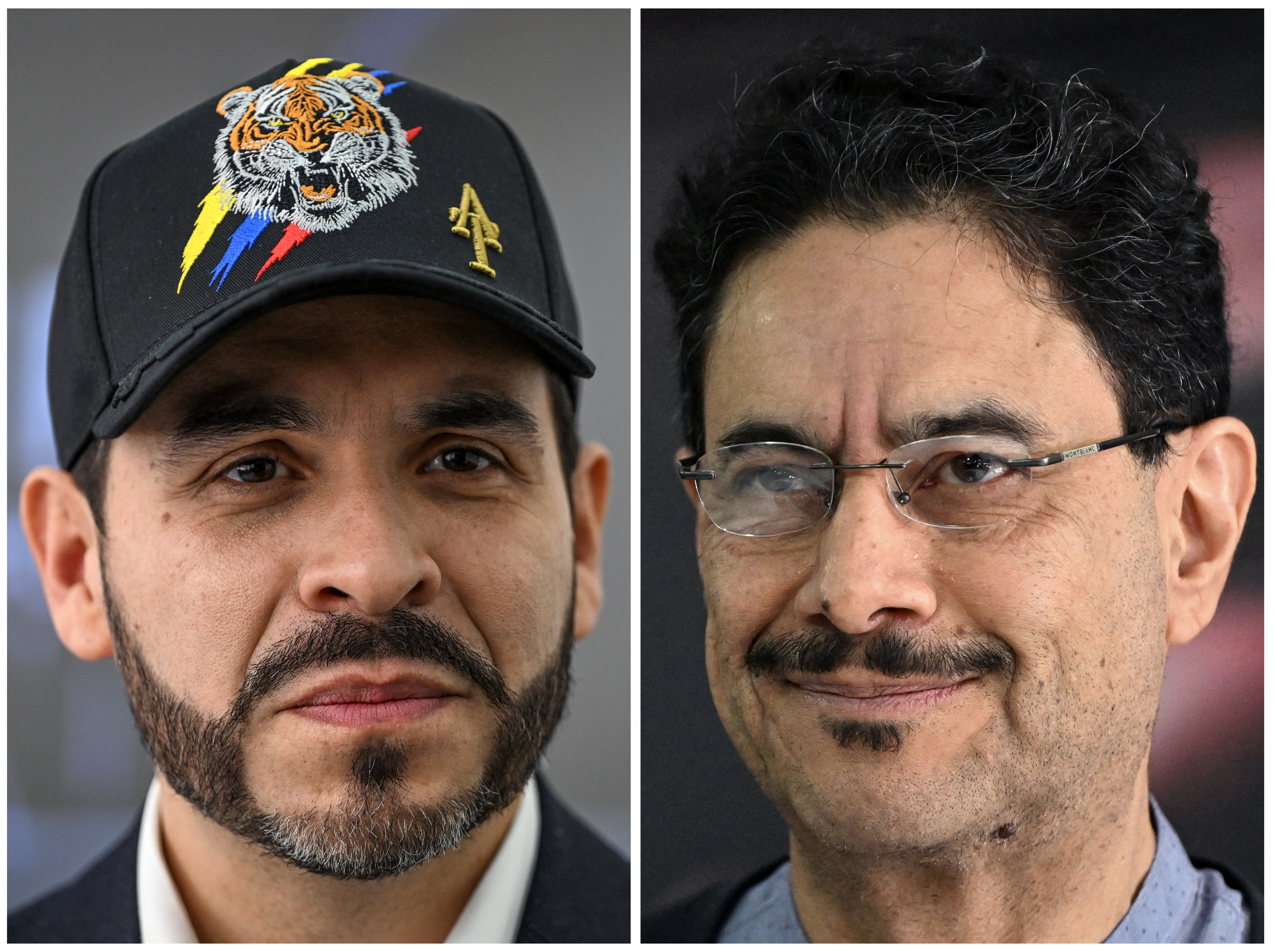 (COMBO) This combination of file pictures created on June 16, 2026, shows Colombia's presidential candidate Abelardo de la Espriella (L), of the Defensores de la Patria political movement, listening during an interview with AFP in Bogota on February 11, 2026, and Colombia's presidential candidate Ivan Cepeda, for the Pacto Historico party, smiling during a press conference in Bogota, on June 1, 2026, the day after the presidential election.