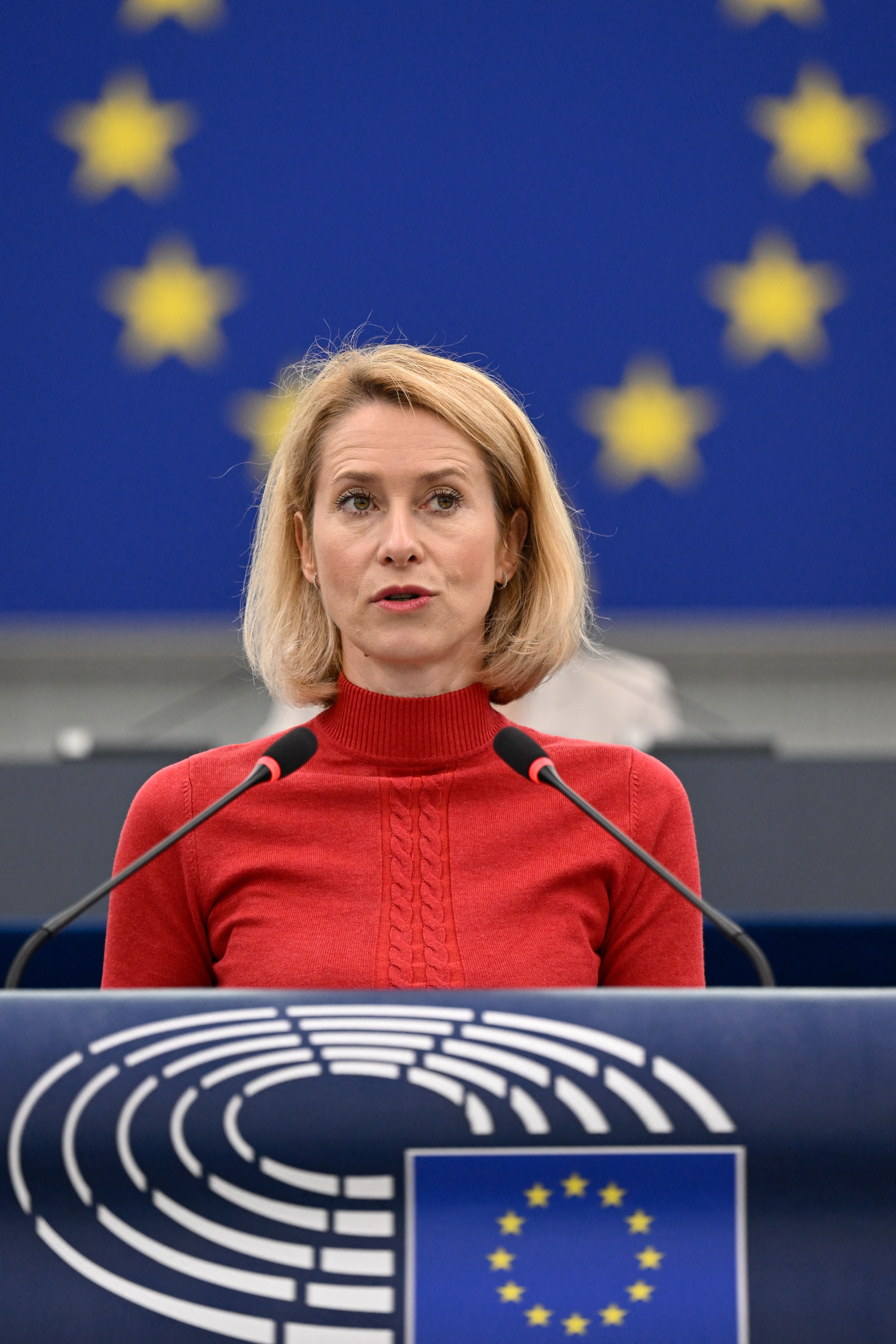 High Representative for Foreign Affairs and Security Policy and Vice-President of the European Commission Kaja Kallas delivers a speech on « the urgent need for the de-escalation of military confrontation in the Middle East » during a plenary session at the European Parliament in Strasbourg, eastern France, on June 16, 2026. (Photo by Jean-Christophe VERHAEGEN / AFP)