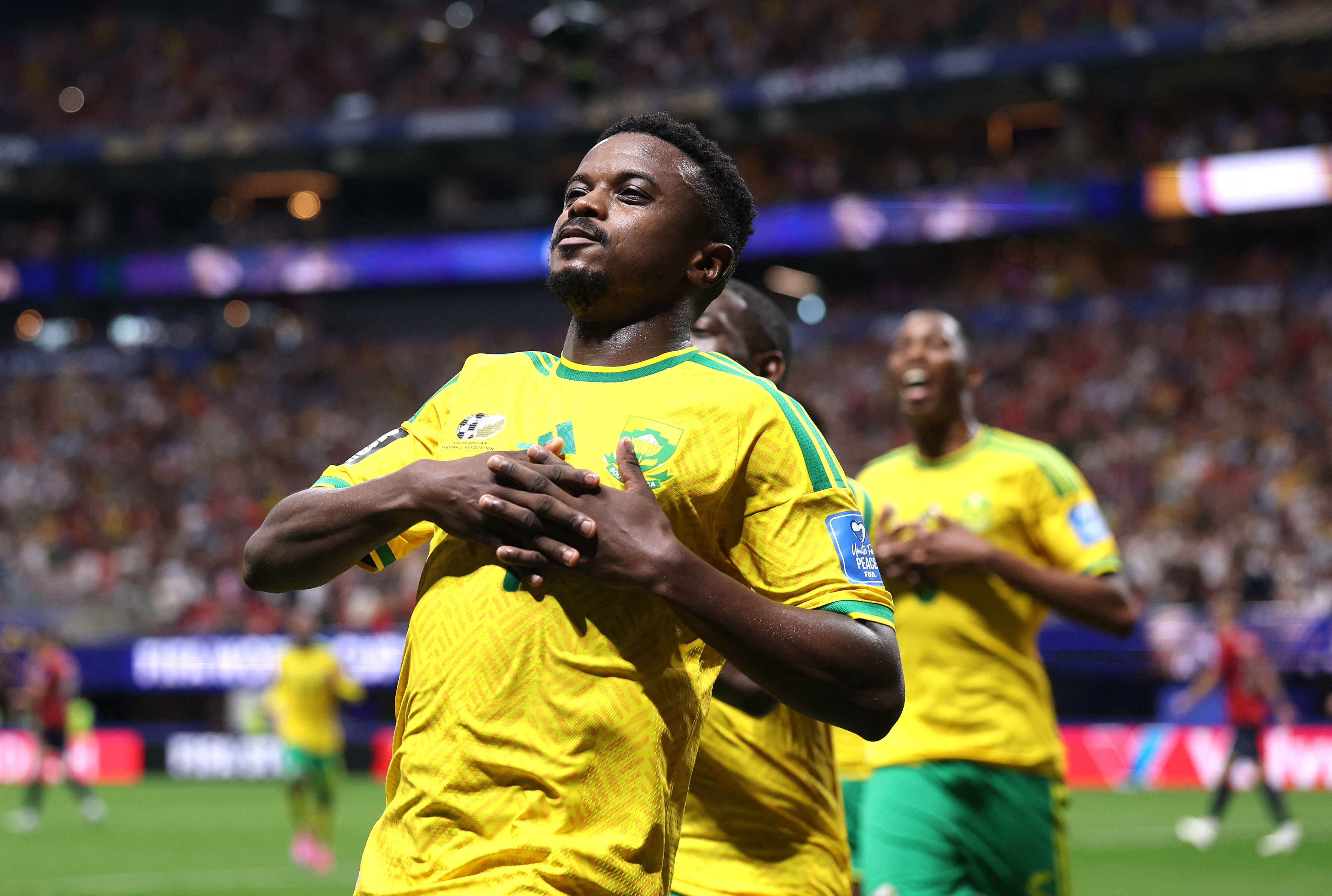 ATLANTA, GEORGIA - JUNE 18: Teboho Mokoena #4 of South Africa celebrates after scoring a penalty for his team's first goal during the FIFA World Cup 2026 Group A match between Czechia and South Africa at Atlanta Stadium on June 18, 2026 in Atlanta, Georgia. Lars Baron/Getty Images/AFP (Photo by Lars Baron / GETTY IMAGES NORTH AMERICA / Getty Images via AFP)