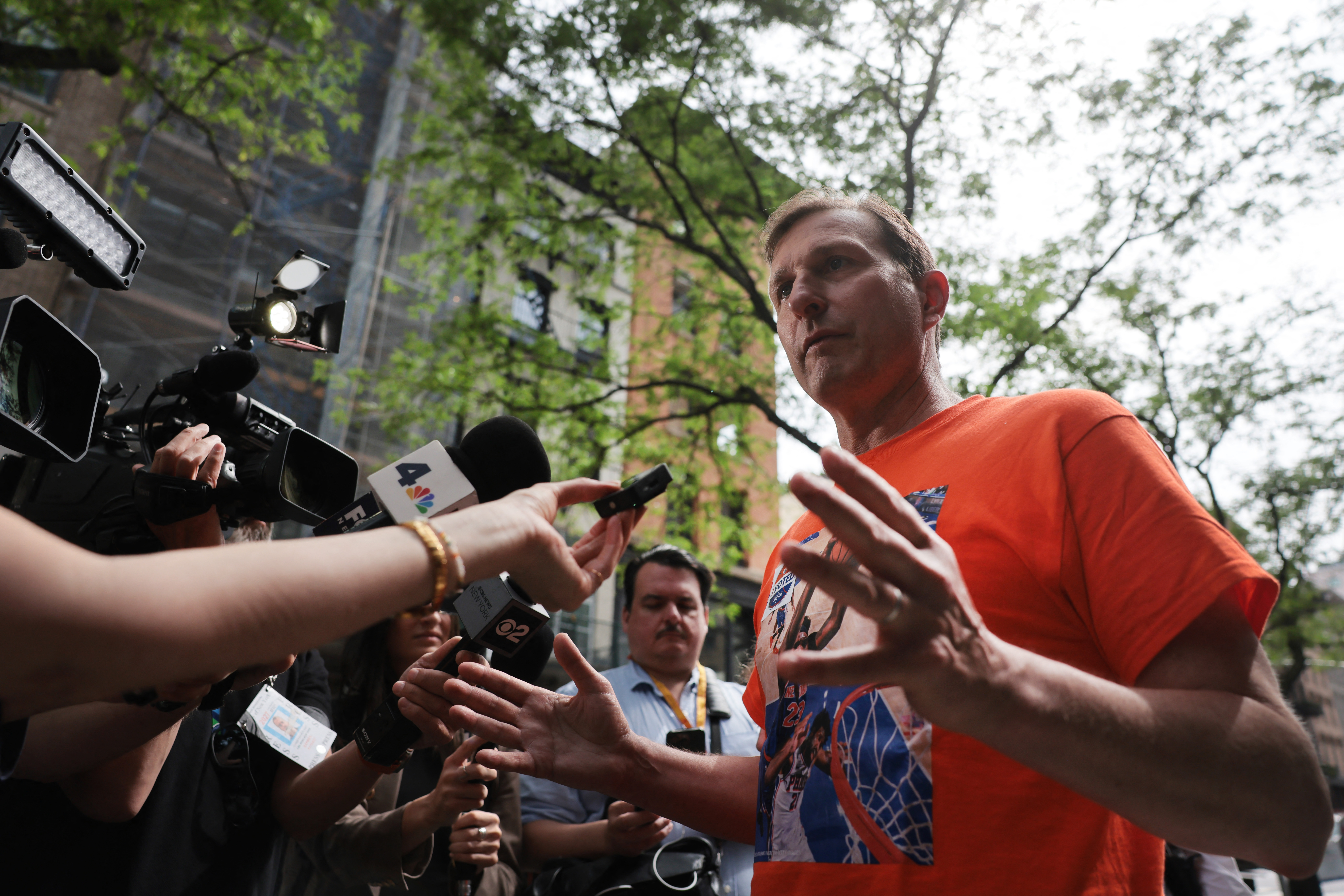 NEW YORK, NEW YORK - JUNE 19: Democratic Congressman Dan Goldman speaks with the media after voting with his family in lower Manhattan on June 19, 2026, in New York City. Goldman, a heir to the Levi Strauss family wealth, is currently in a close race for his third term against challenger Brad Lander, former New York City comptroller and 2025 mayoral candidate. Spencer Platt/Getty Images/AFP (Photo by SPENCER PLATT / GETTY IMAGES NORTH AMERICA / Getty Images via AFP)