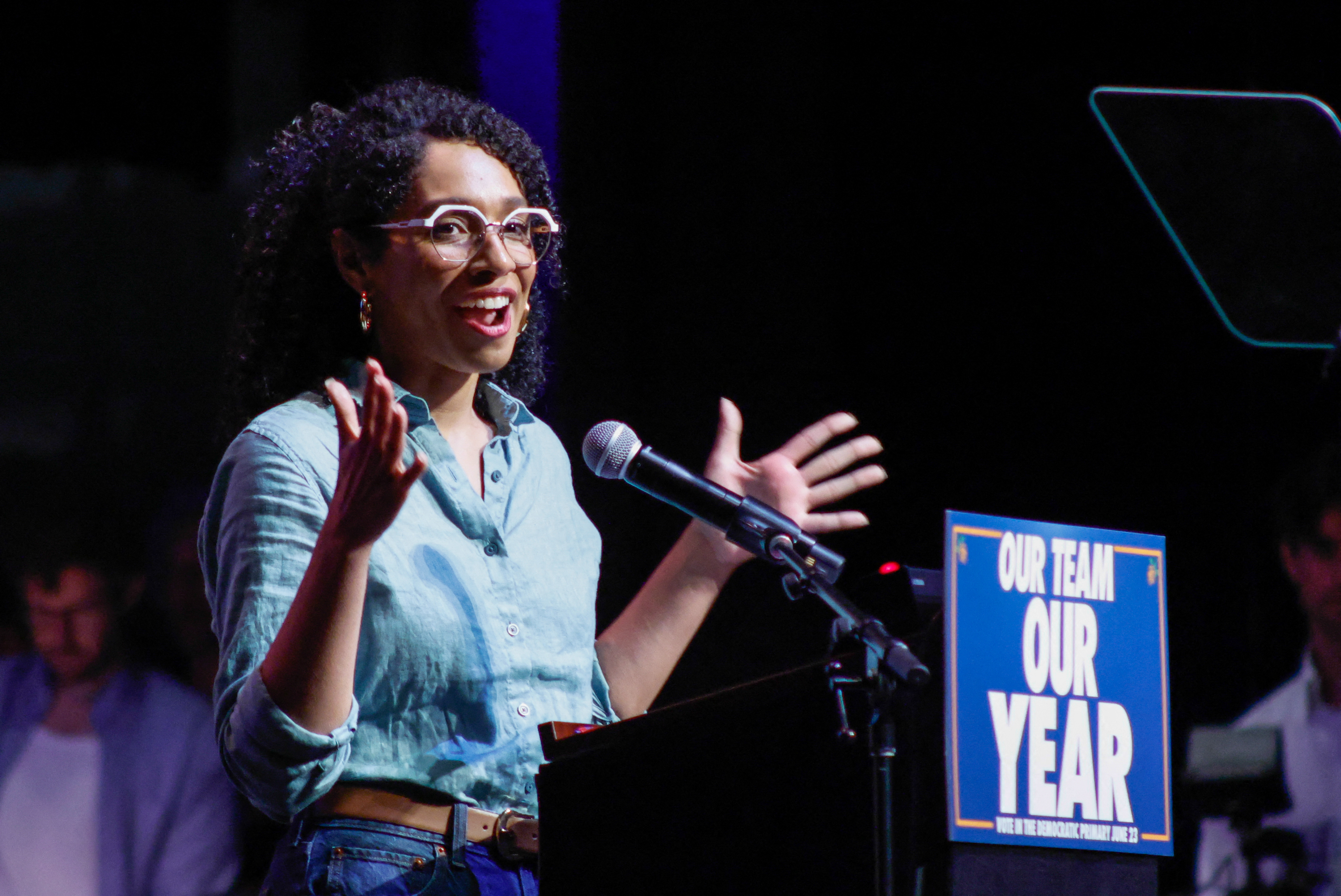 Democratic congressional candidate Darializa Avila Chevalier speaks during the "Our Team, Our Year" Get Out The Vote (GOTV) rally at the Kings Theatre in Brooklyn, New York, on June 18, 2026. (Photo by kena betancur / AFP)