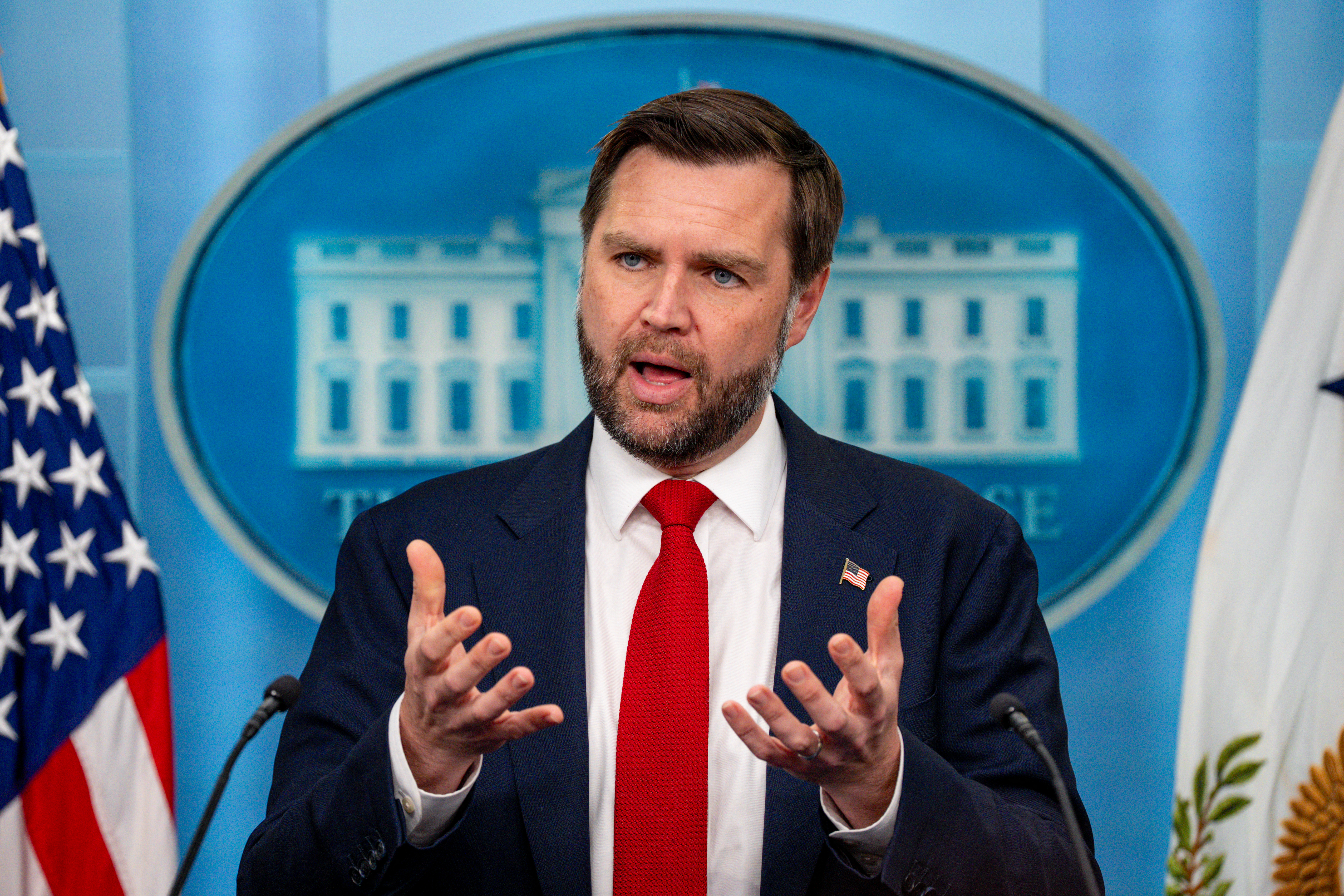 WASHINGTON, DC - JUNE 18: Vice President J.D. Vance speaks during a news conference in the Brady Press Briefing Room at the White House on June 18, 2026 in Washington, DC. Vance is expected to travel to Lucerne, Switzerland tomorrow for follow up talks after a memorandum of understanding (MOU) to end the conflict between the United States and Iran was signed between U.S. President Donald Trump and Iranian President Masoud Pezeshkian. Andrew Harnik/Getty Images/AFP (Photo by Andrew Harnik / GETTY IMAGES NORTH AMERICA / Getty Images via AFP)