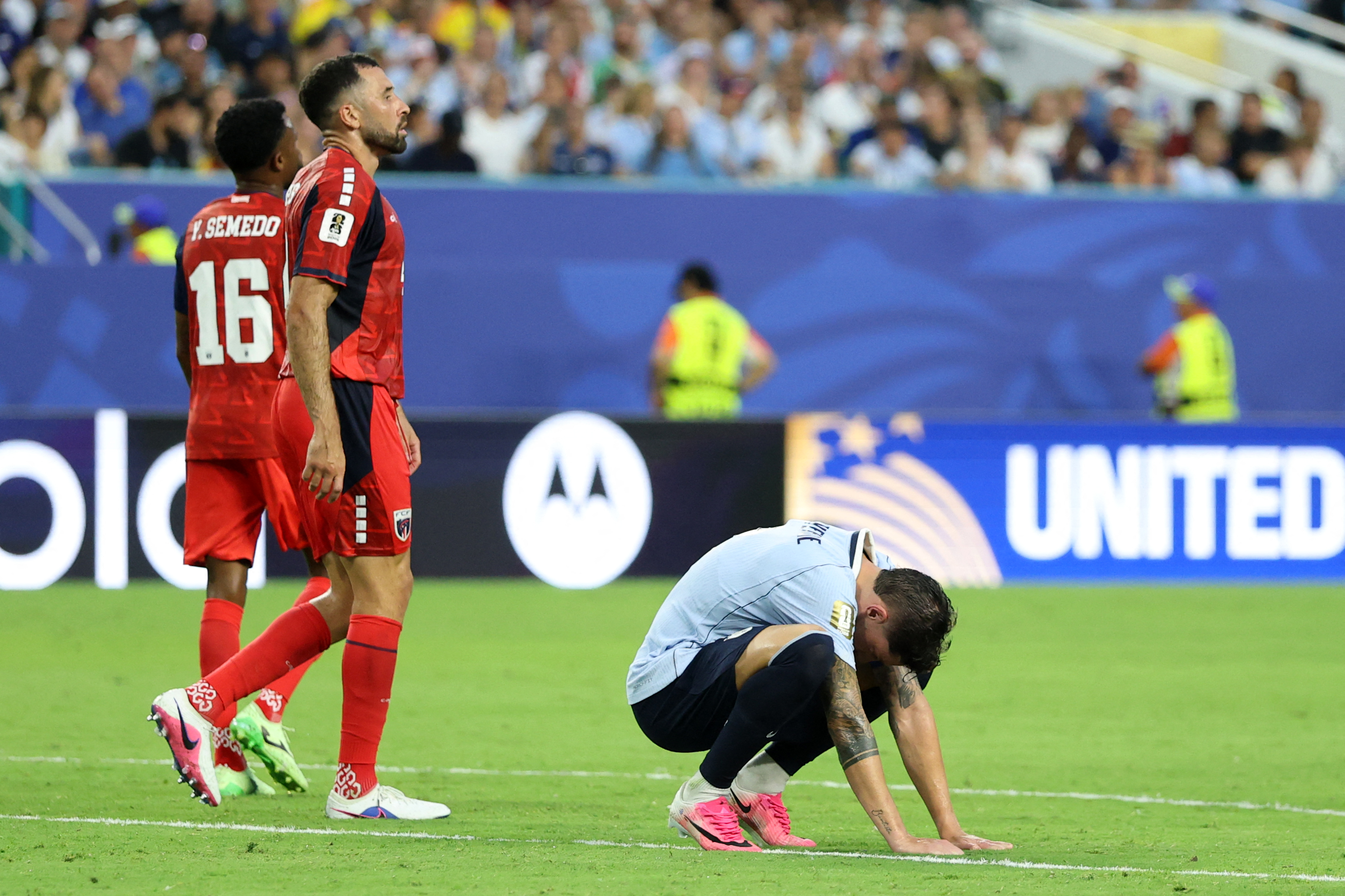 Uruguay's midfielder #08 Federico Valverde reacts to a missed chance during the 2026 World Cup Group H football match between Uruguay and Cape Verde at the Miami Stadium in Miami Gardens on June 21, 2026.