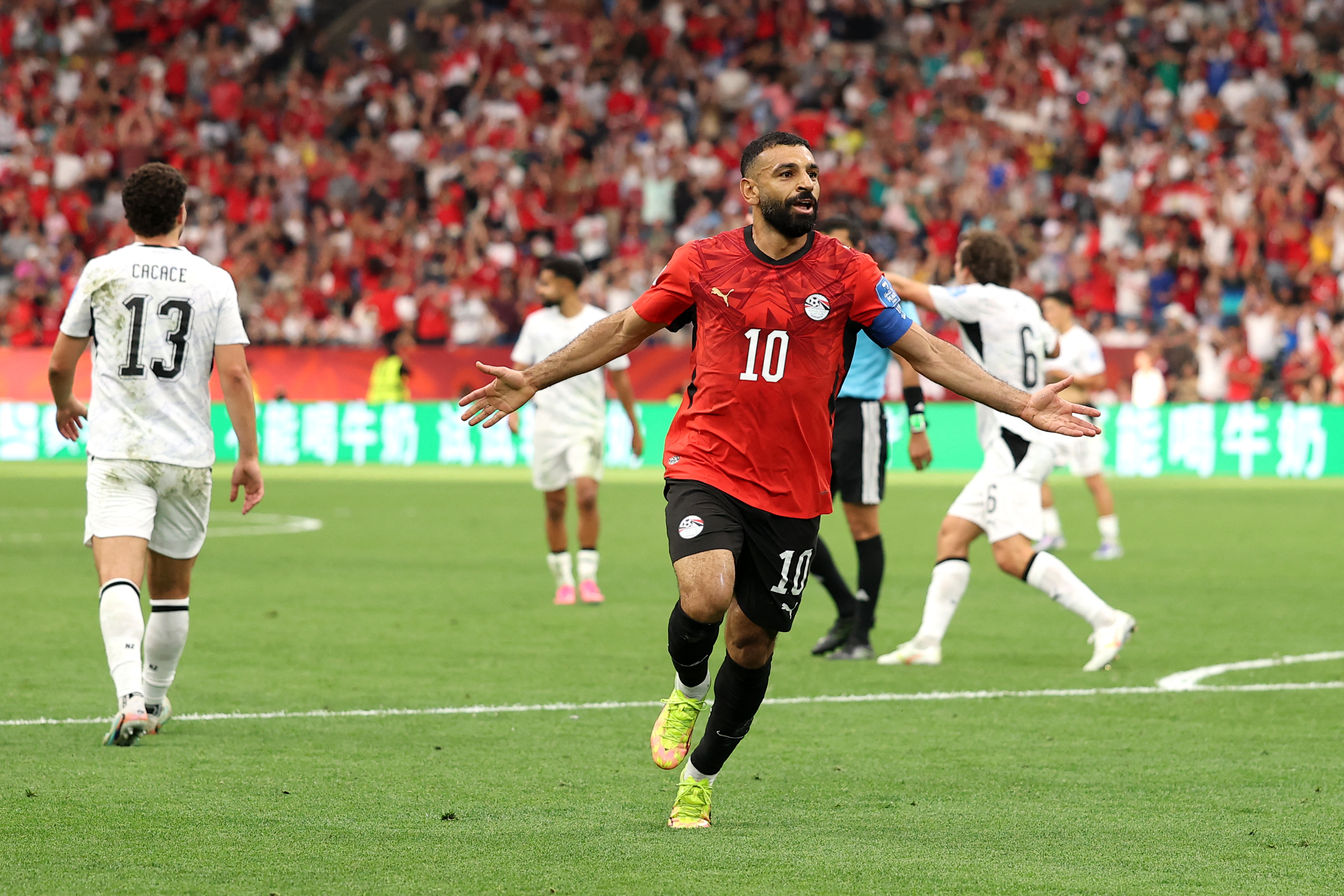 VANCOUVER, BRITISH COLUMBIA - JUNE 21: Mohamed Salah #10 of Egypt celebrates scoring his team's second goal during the FIFA World Cup 2026 Group G match between New Zealand and Egypt at BC Place Vancouver on June 21, 2026 in Vancouver, British Columbia. Fran Santiago/Getty Images/AFP (Photo by Fran Santiago / GETTY IMAGES NORTH AMERICA / Getty Images via AFP)