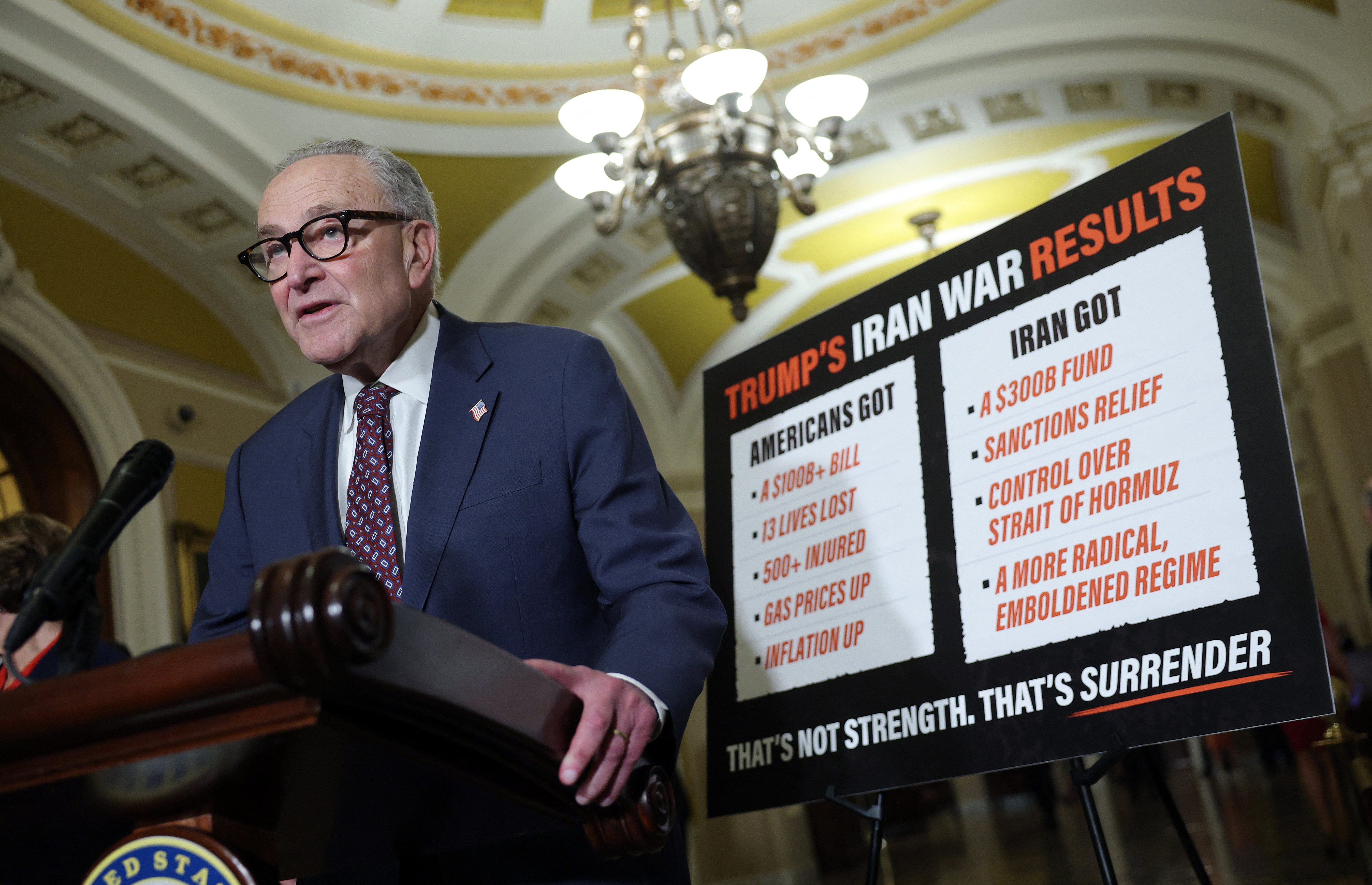 WASHINGTON, DC - JUNE 23: U.S. Senate Minority Leader Chuck Schumer (D-NY) speaks to reporters after the weekly Senate policy luncheons at the U.S. Capitol on June 23, 2026 in Washington, DC. Schumer spoke out against President Trump's Iran deal and a the need for the Senate to pass a War Powers Resolution regarding Iran. Kevin Dietsch/Getty Images/AFP (Photo by Kevin Dietsch / GETTY IMAGES NORTH AMERICA / Getty Images via AFP)