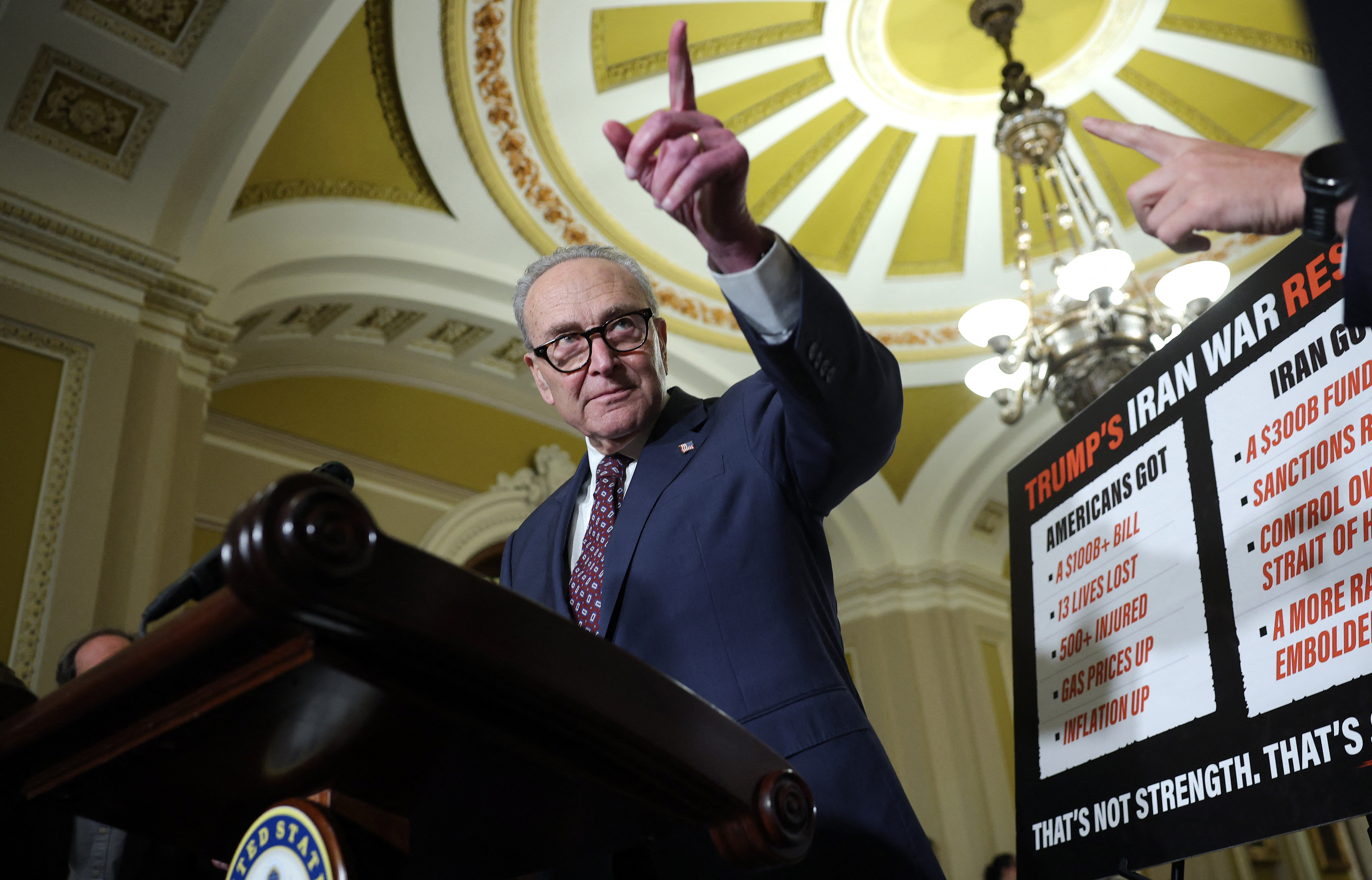 WASHINGTON, DC - JUNE 23: U.S. Senate Minority Leader Chuck Schumer (D-NY) speaks to reporters after the weekly Senate policy luncheons at the U.S. Capitol on June 23, 2026 in Washington, DC. Schumer spoke out against President Trump's Iran deal and a the need for the Senate to pass a War Powers Resolution regarding Iran. Kevin Dietsch/Getty Images/AFP (Photo by Kevin Dietsch / GETTY IMAGES NORTH AMERICA / Getty Images via AFP)