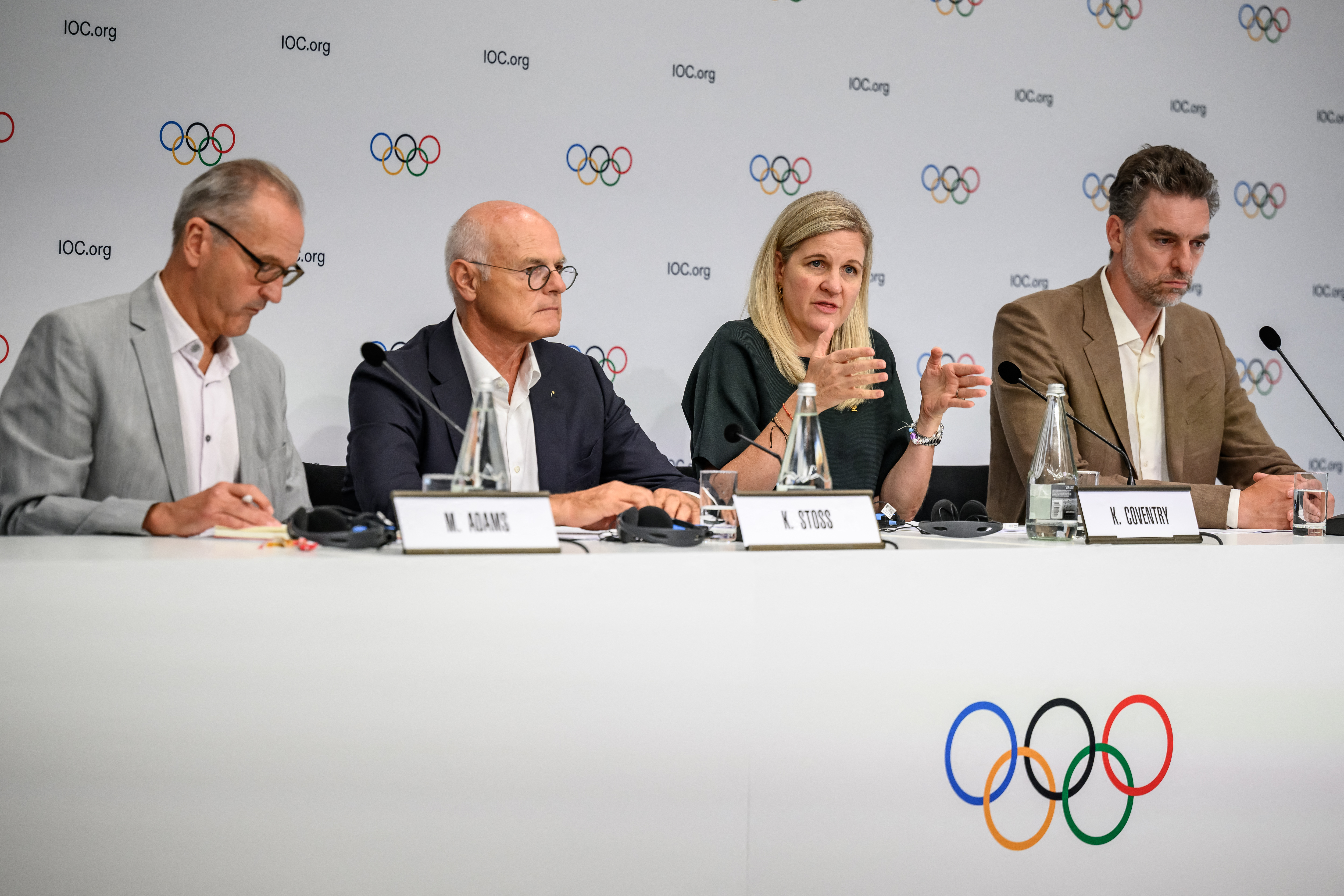 (From L) International Olympic Committee (IOC) spokesperson's Mark Adams, chair of the Olympic programme working group Karl Stoss, IOC President Kirsty Coventry and chair of the athletes' commission Pau Gasol attend a press conference during an IOC session, in Lausanne, on June 24, 2026.