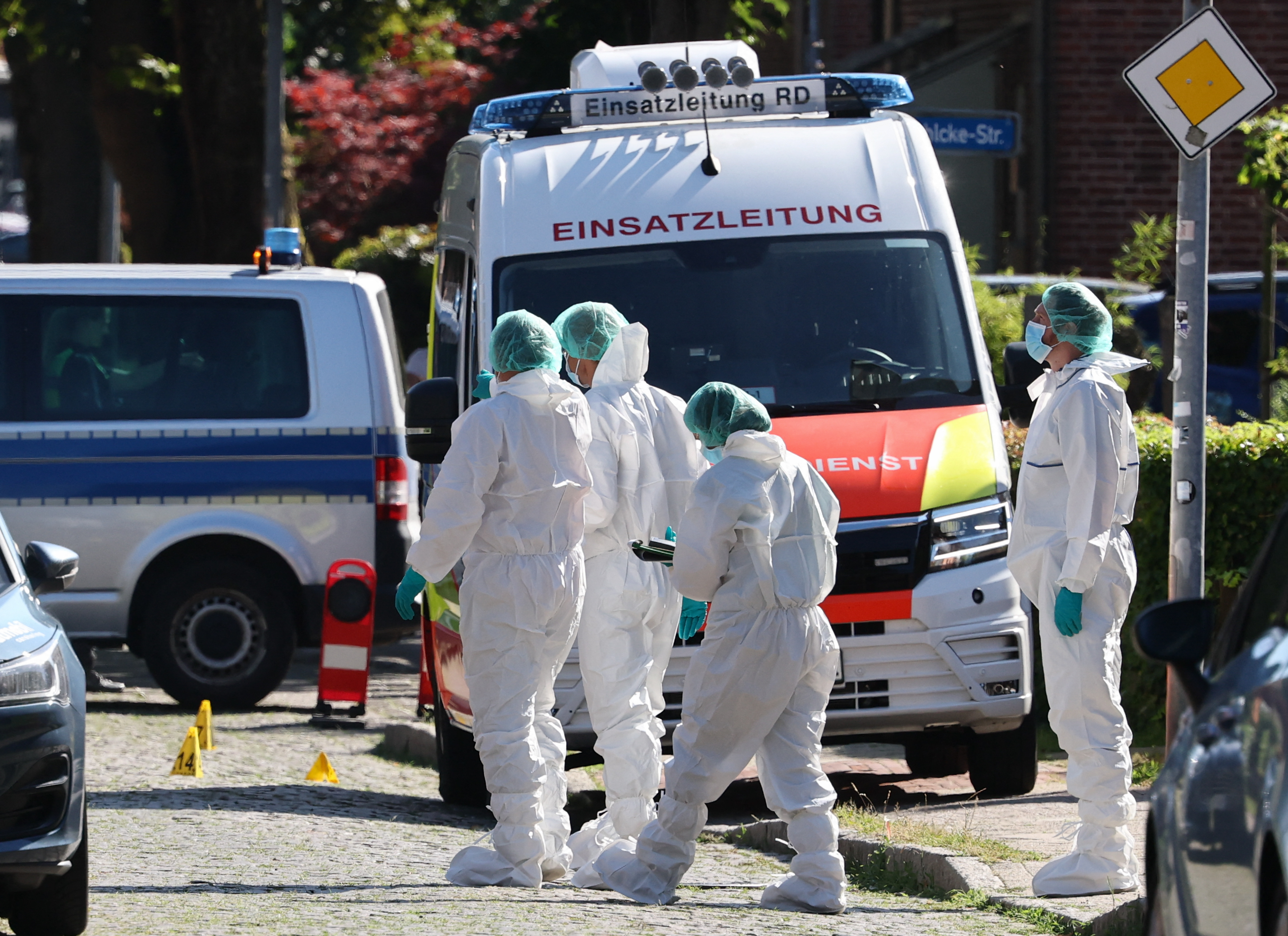 Police forensics work at the scene where six people were killed in a shooting in Stade, northern Germany, a city some 50 kilometres west of Hamburg, on June 29, 2026.