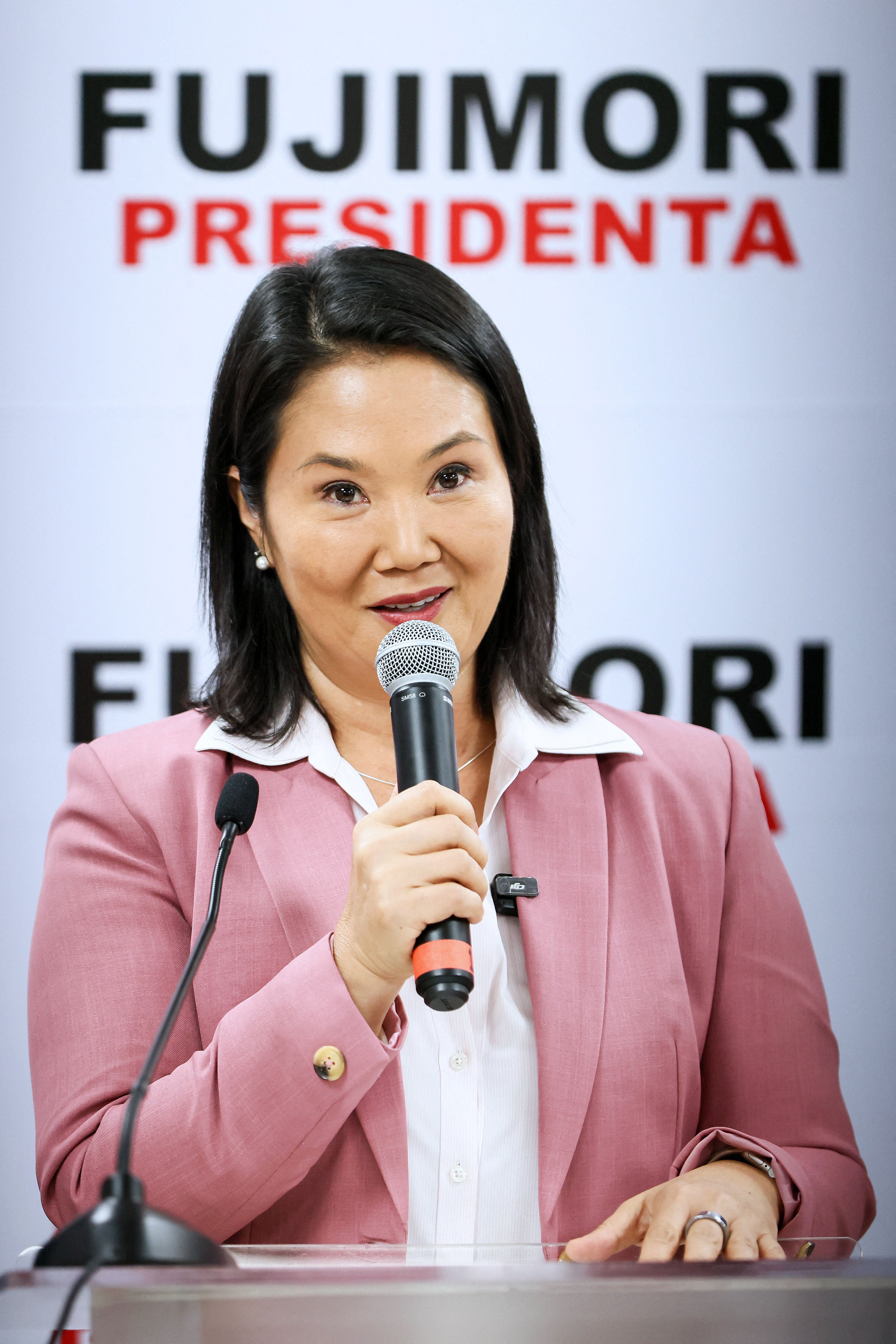Peru's presidential candidate for the Fuerza Popular party, Keiko Fujimori, speaks at her campaign headquarters in San Borja district, Lima on June 24, 2026.