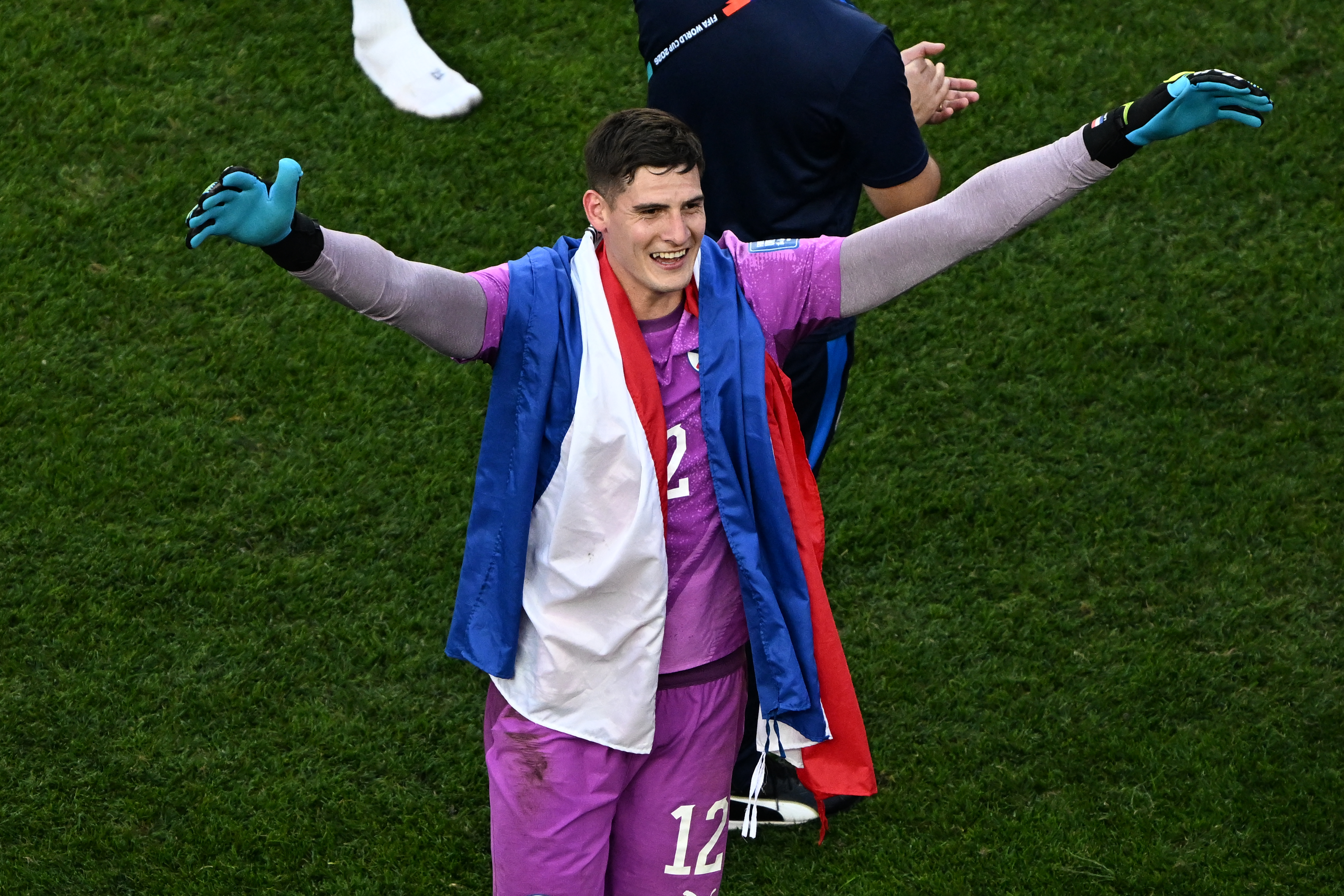 Paraguay's goalkeeper #12 Orlando Gill celebrates after winning the penalty shootout of the 2026 World Cup round of 32 football match between Germany and Paraguay at the Boston Stadium in Foxborough on June 29, 2026.