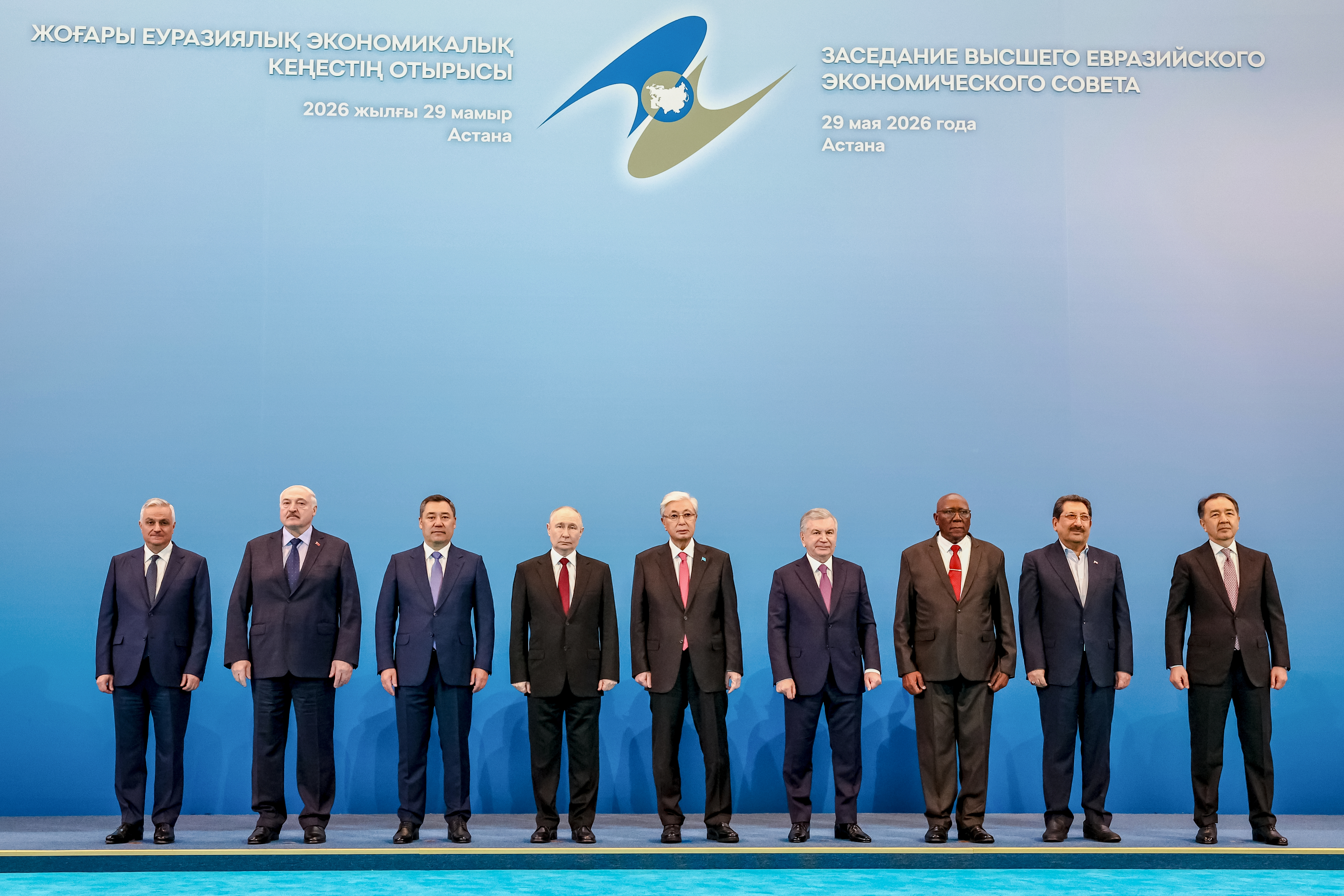 From left: Armenian Deputy Prime Minister Mher Grigoryan, Belarusian President Alexander Lukashenko, Kyrgyz President Sadyr Japarov, Russian President Vladimir Putin, Kazakh President Kassym-Jomart Tokayev, Uzbek President Shavkat Mirziyoyev, Cuban Vice President Salvador Valdes Mesa, Iranian Minister of Industry, Mines, and Trade Seyed Mohammad Atabak and Chairman of the Board of the Eurasian Economic Commission Bakytzhan Sagintaev pose for a photo before an expanded format meeting of the Supreme Eurasian Economic Council summit at the Independence Palace in Astana, Kazakhstan, Friday, May 29, 2026. (Alexander Kazakov/Sputnik, Kremlin Pool Photo via AP)