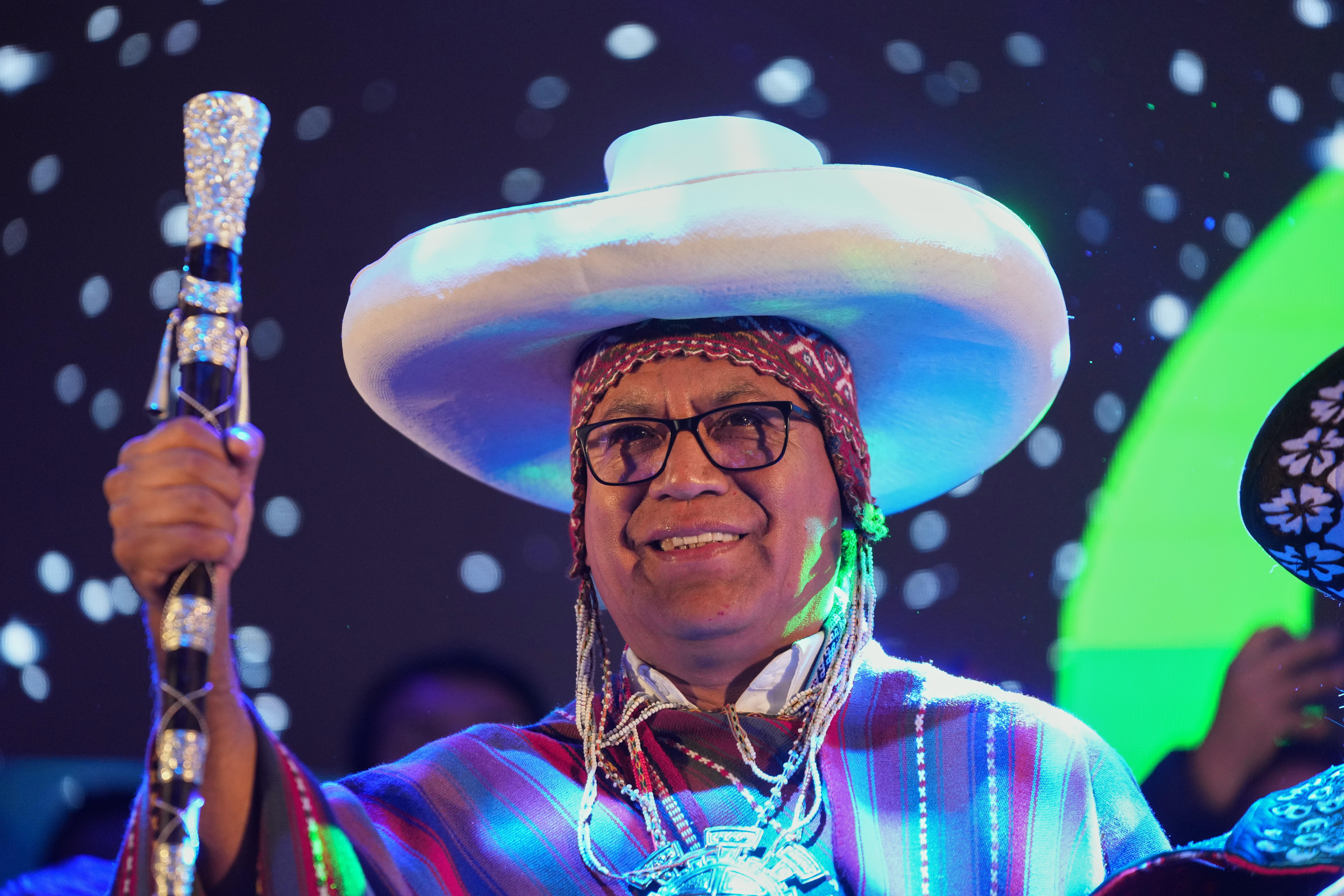 Presidential candidate Roberto Sanchez of Together for Peru party addresses supporters upon arriving at a rally in Cusco, Peru, Tuesday, June 2, 2026. (AP Photo/Rodrigo Abd)