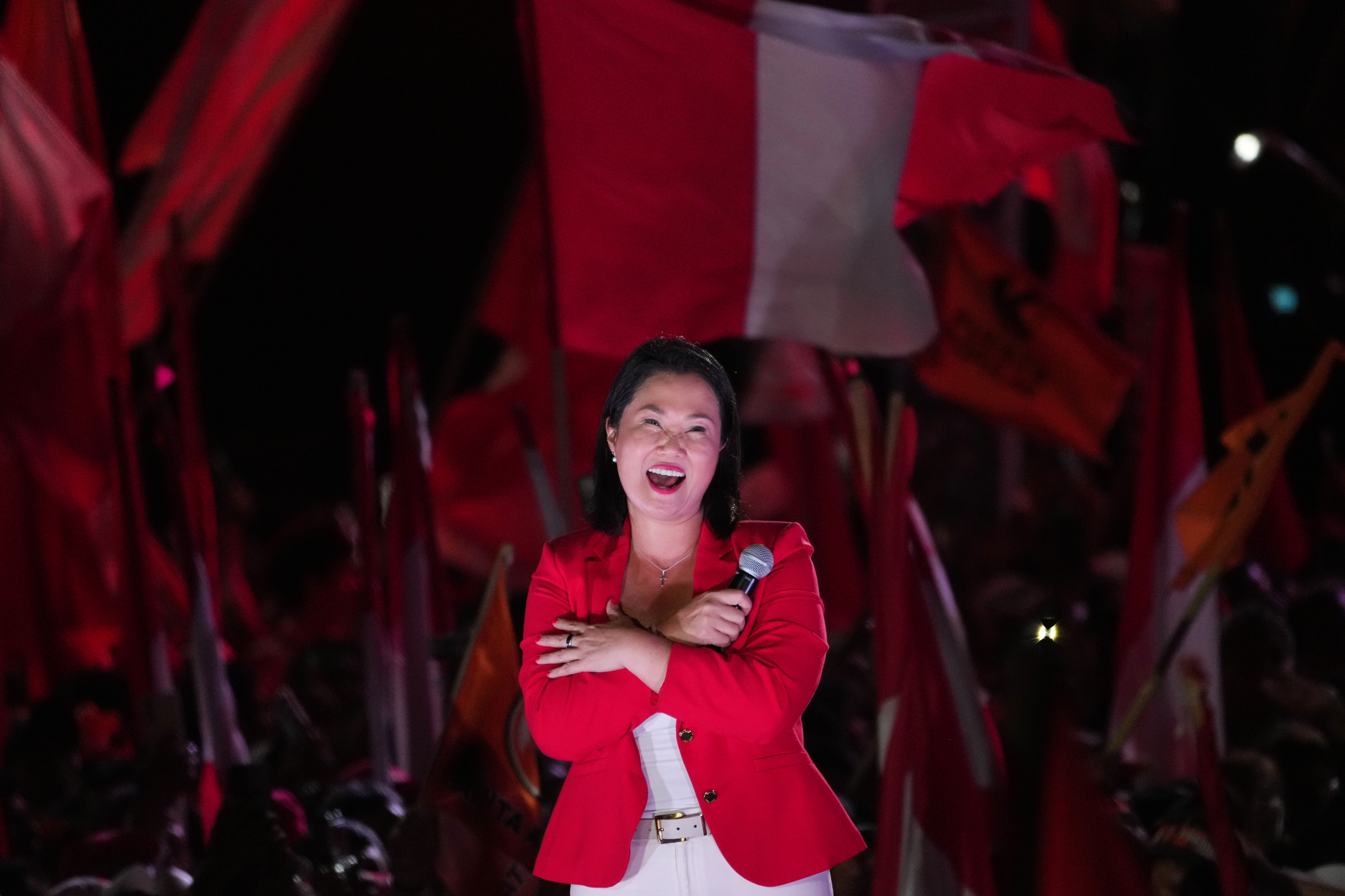 Presidential candidate Keiko Fujimori addresses supporters during a closing campaign rally in Lima, Peru, Thursday, June 4, 2026. (AP Photo/Rodrigo Abd)
