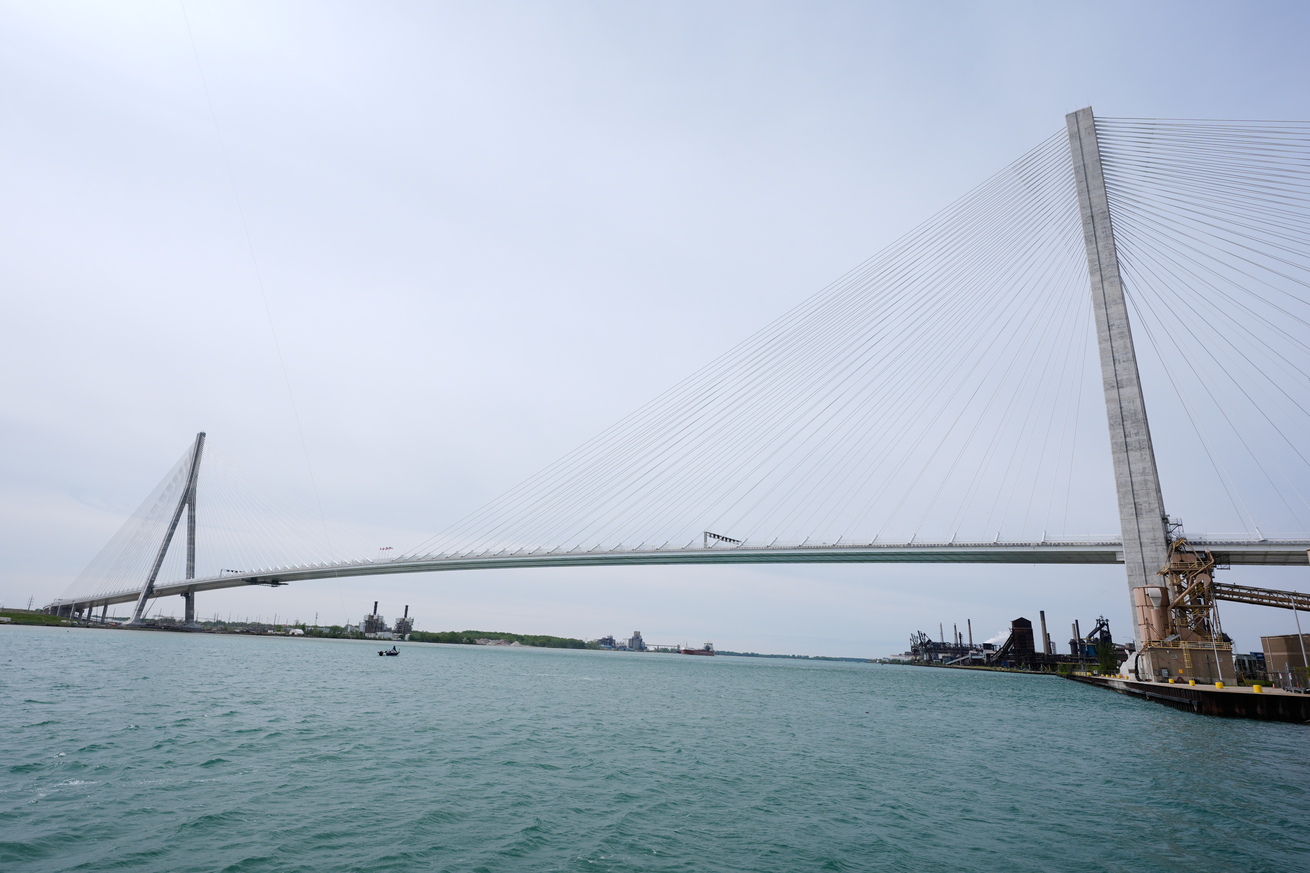 FILE - The Gordie Howe Bridge is shown under construction between Windsor, Ontario and Detroit, May 22, 2026. (AP Photo/Paul Sancya, File)
