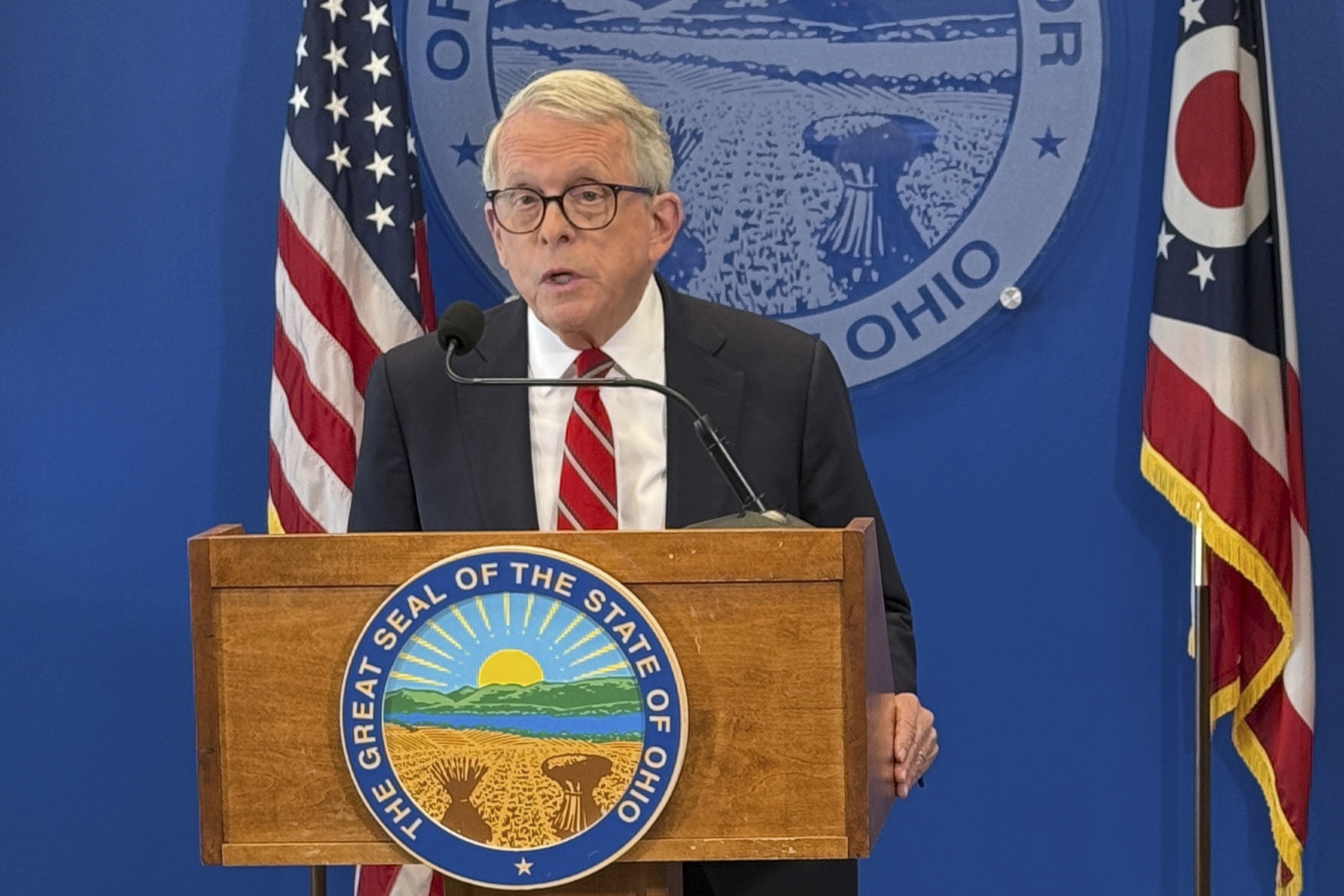 Ohio Gov. Mike DeWine speaks at a news conference on Tuesday, June 16, 2026, in Columbus, Ohio. (AP Photo/Patrick Aftoora-Orsagos)